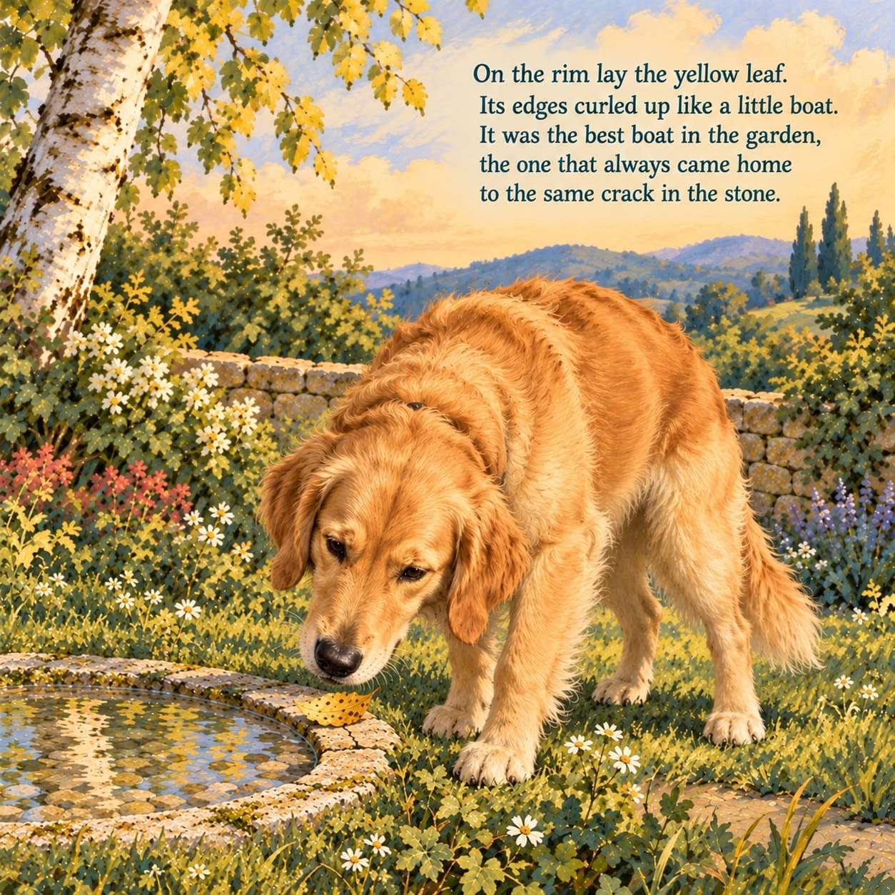 Lucy, a golden retriever, bends to study a curled yellow birch leaf resting beside a crack in a low stone basin, beneath the story text.