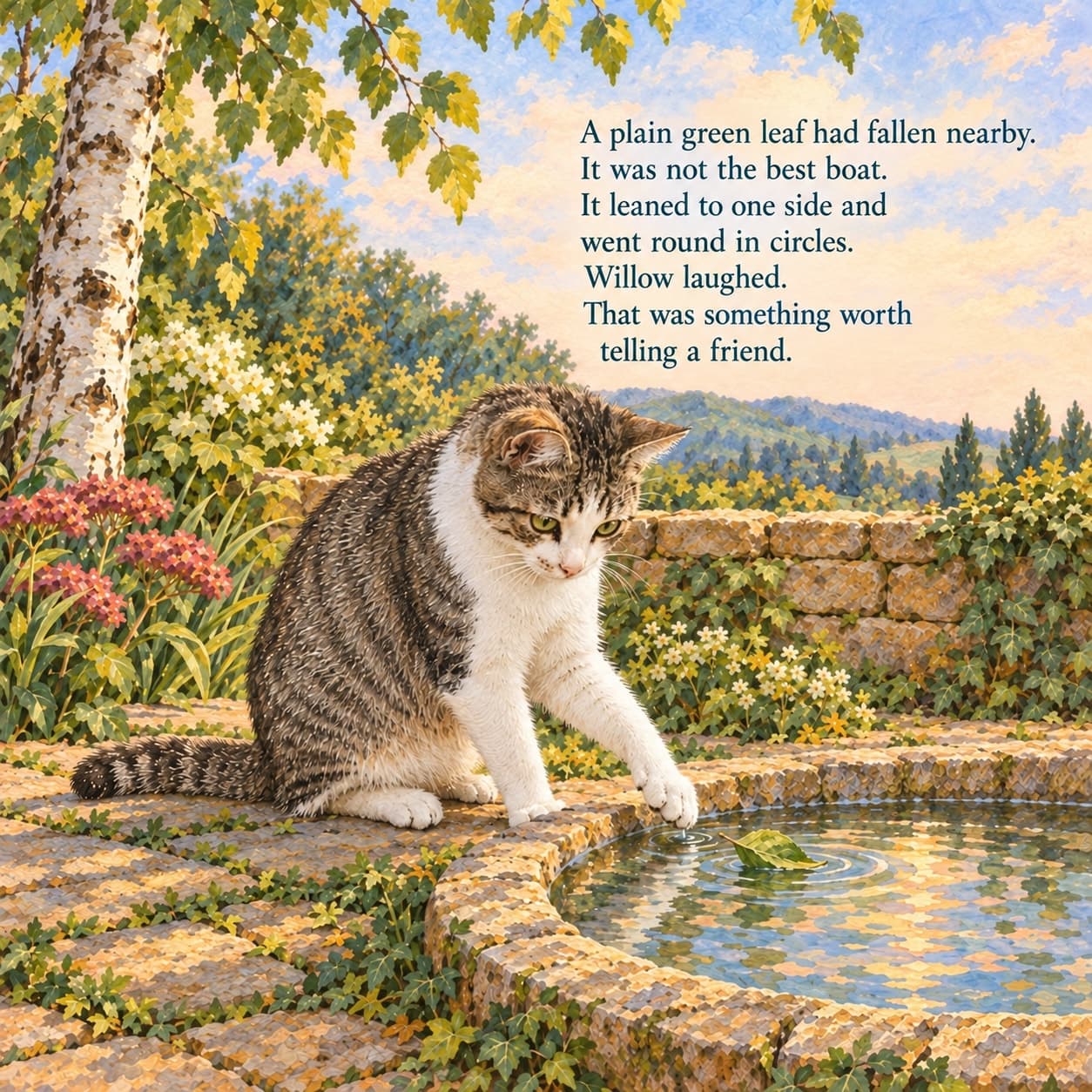 Willow, a grey tabby cat with white paws, reaches toward a small green leaf floating lopsided in a shallow garden basin, beneath the story text.