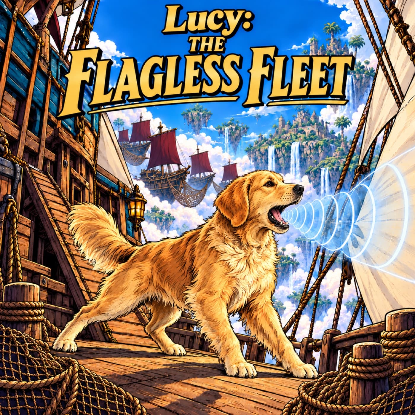 Example cover with our sample dog Lucy, a golden retriever, bracing on a wooden skyship gallery and barking visible rings from her open mouth toward a cream sail, with flagless ships and tropical islands behind.