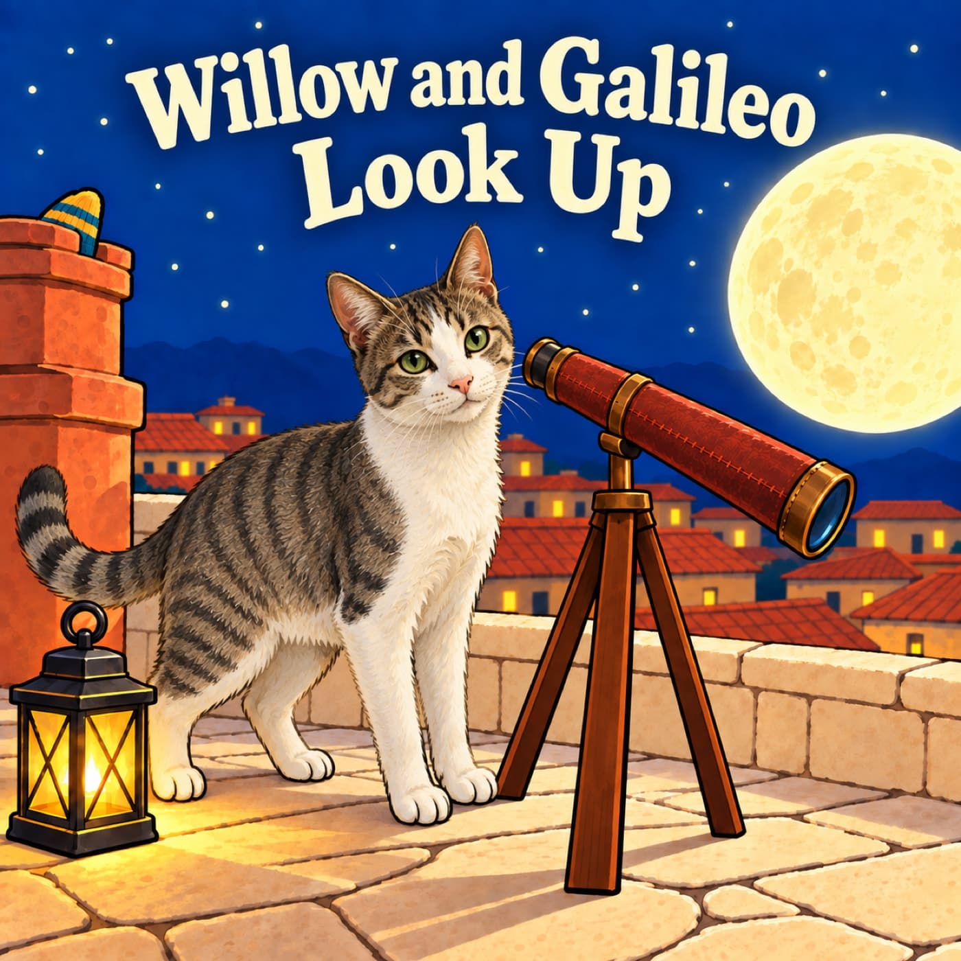 Front cover of Willow and Galileo Look Up: a tabby-and-white cat stands on the same night rooftop, her face just lifted from the red-brown spyglass, with the huge Moon, dark lantern, and striped sock tip in the same places.