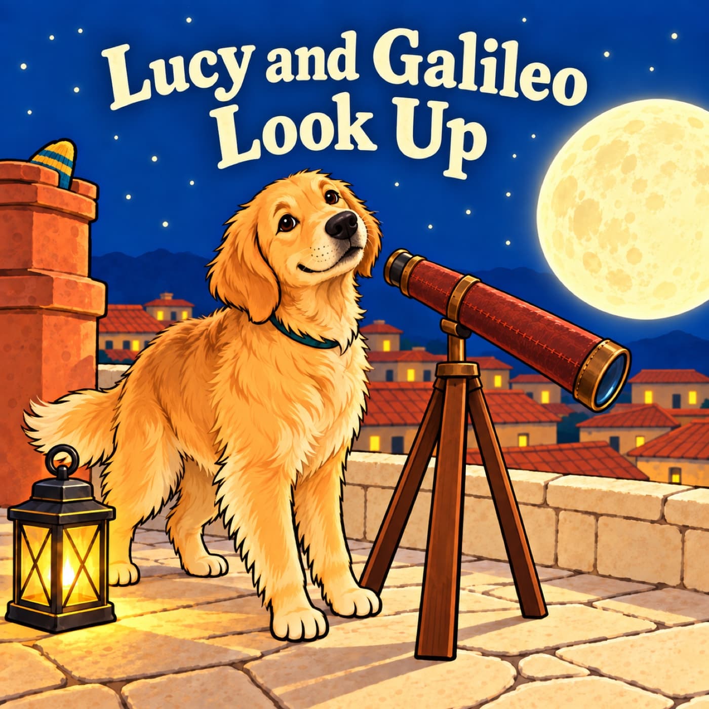Front cover of Lucy and Galileo Look Up: a golden retriever stands on a cream-stone rooftop at night, her face just lifted from a red-brown spyglass toward the reader, with a huge cratered Moon, a dark lantern, and a striped sock tip behind a chimney.