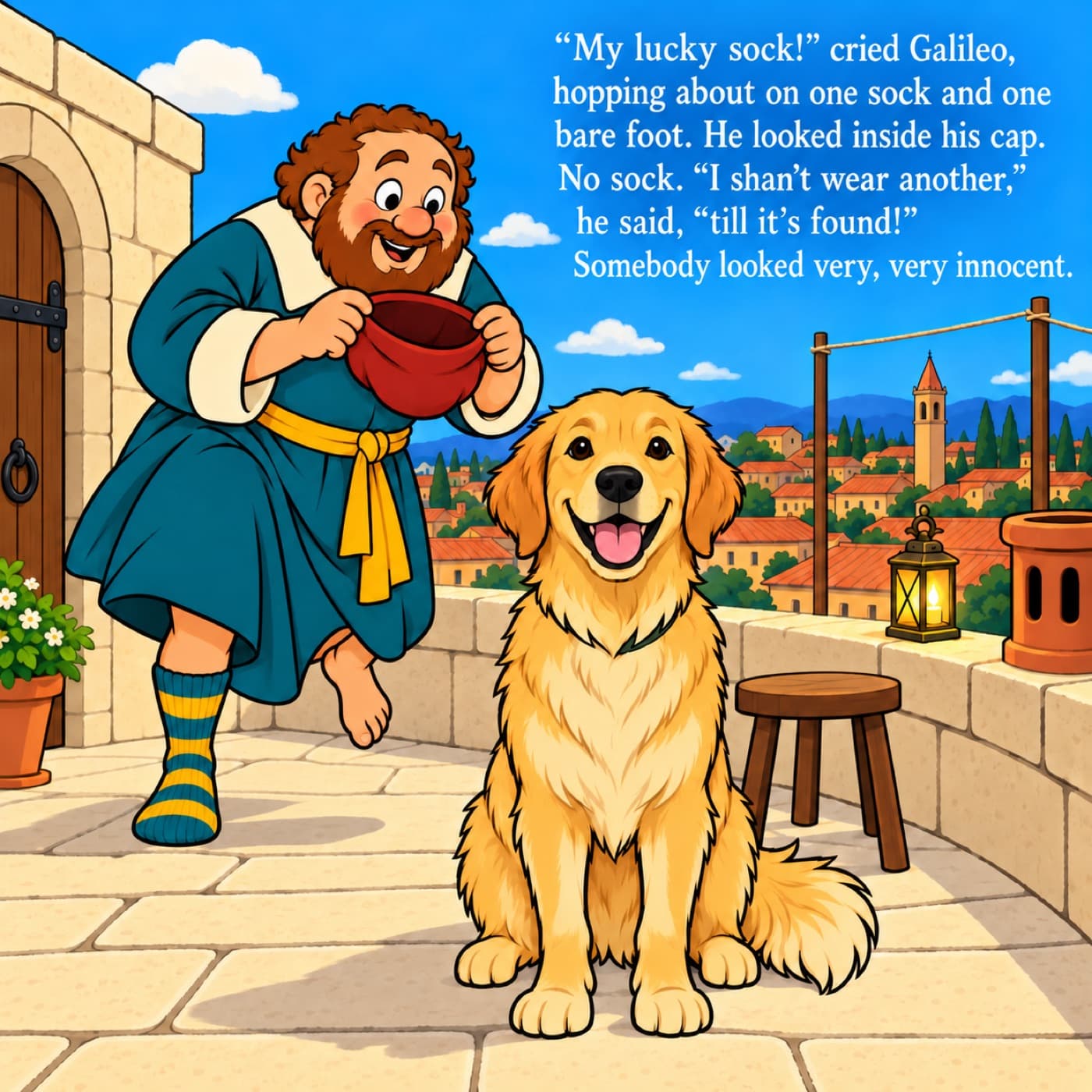 A page from the story, starring a golden retriever: she sits grinning in the sunshine on a stone roof terrace above orange rooftops, while behind her a round, bearded man in a teal robe hops on one striped-socked foot, his other foot bare, peering into his red cap for the missing sock.