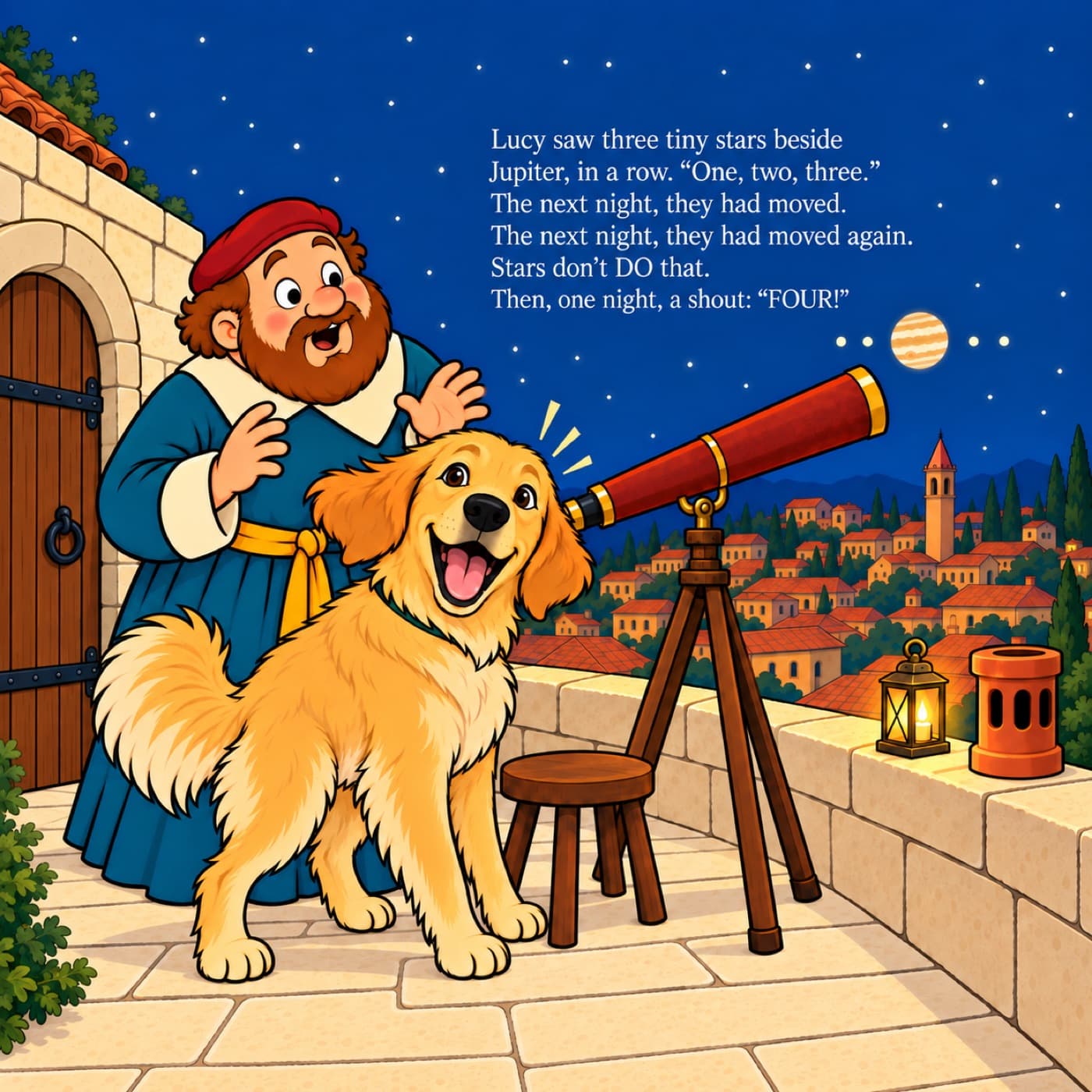 The same golden retriever on the roof at night, whipped round from a red leather spyglass with her mouth wide open in a happy shout, as Galileo throws up his hands behind her; in the navy sky above the town, the planet Jupiter shines with two tiny moons on each side.