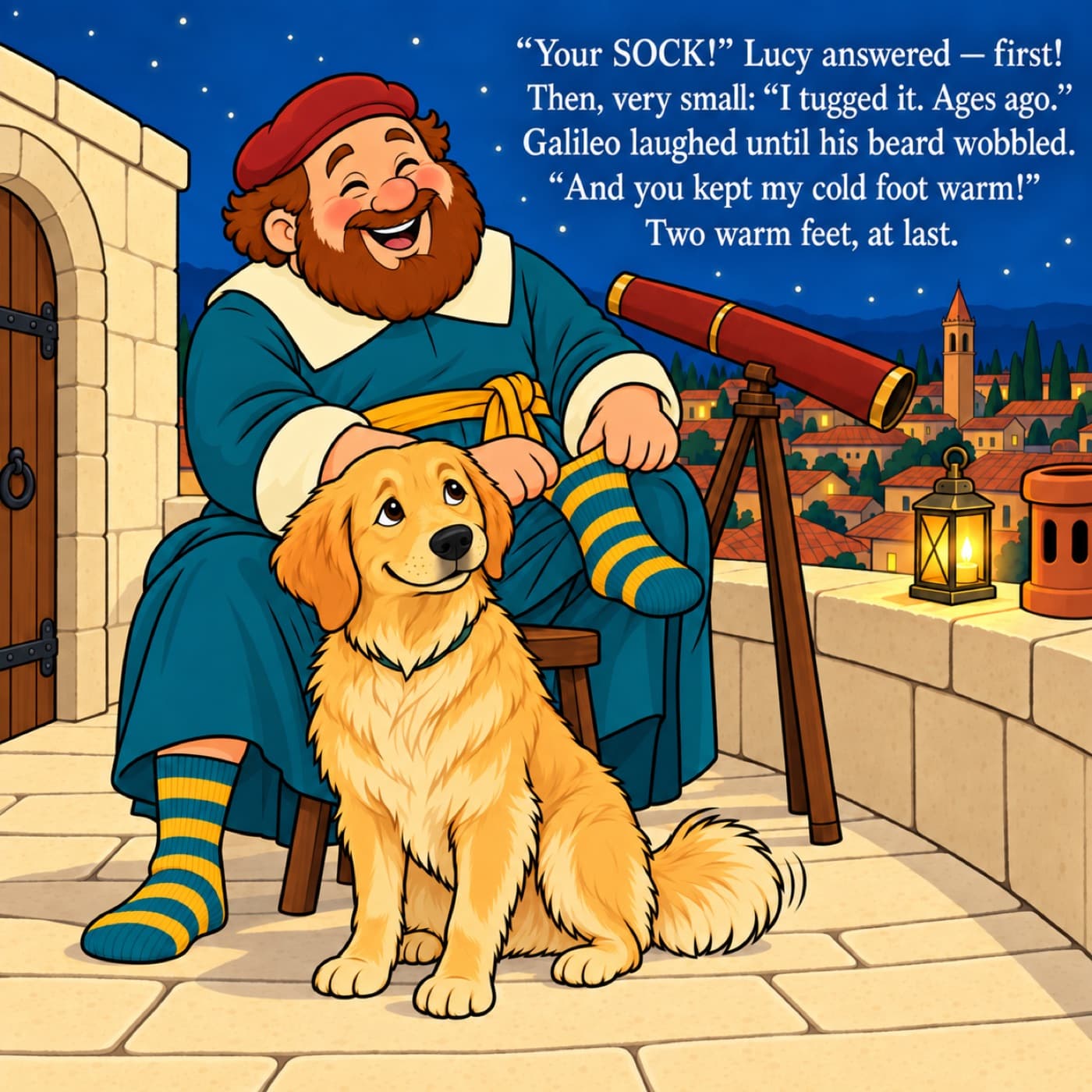 The same golden retriever sitting sheepishly at Galileo’s knee on the starry roof, looking up at him, while he laughs with his eyes squeezed shut and pulls a yellow-and-teal striped sock onto his bare foot, the other foot already wearing its match.