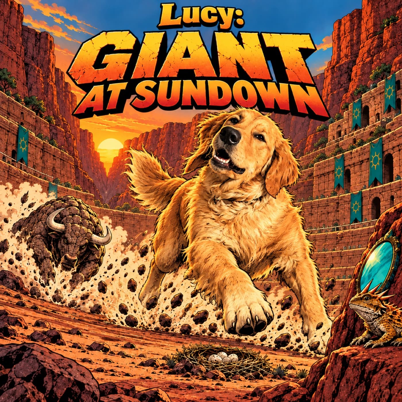 Example cover with our sample dog Lucy, a golden retriever, bounding past a small ground nest as a stone-armored bull charges behind her through a sunset canyon; a lizard waits beside a turquoise mirror.