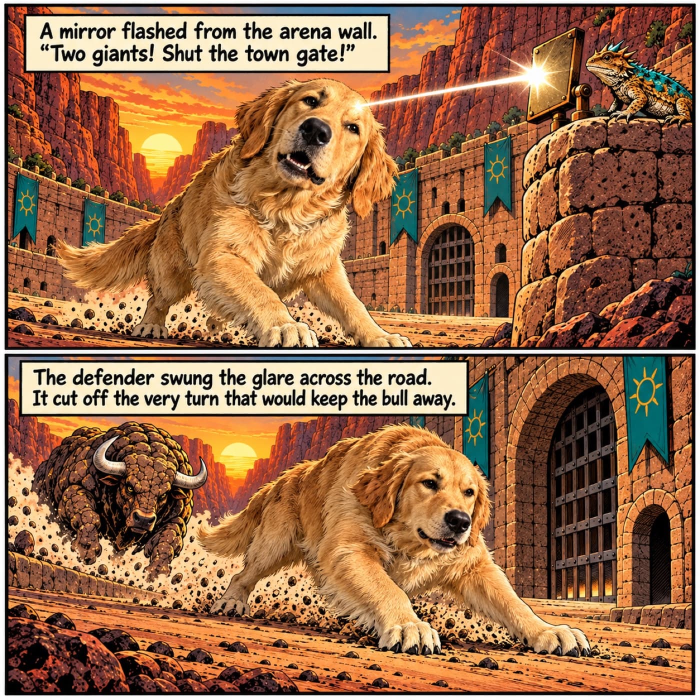 Two-panel canyon comic: Lucy brakes beneath a lizard defender’s mirror glare, then braces near the closed town gate while the stone-armored bull follows behind.
