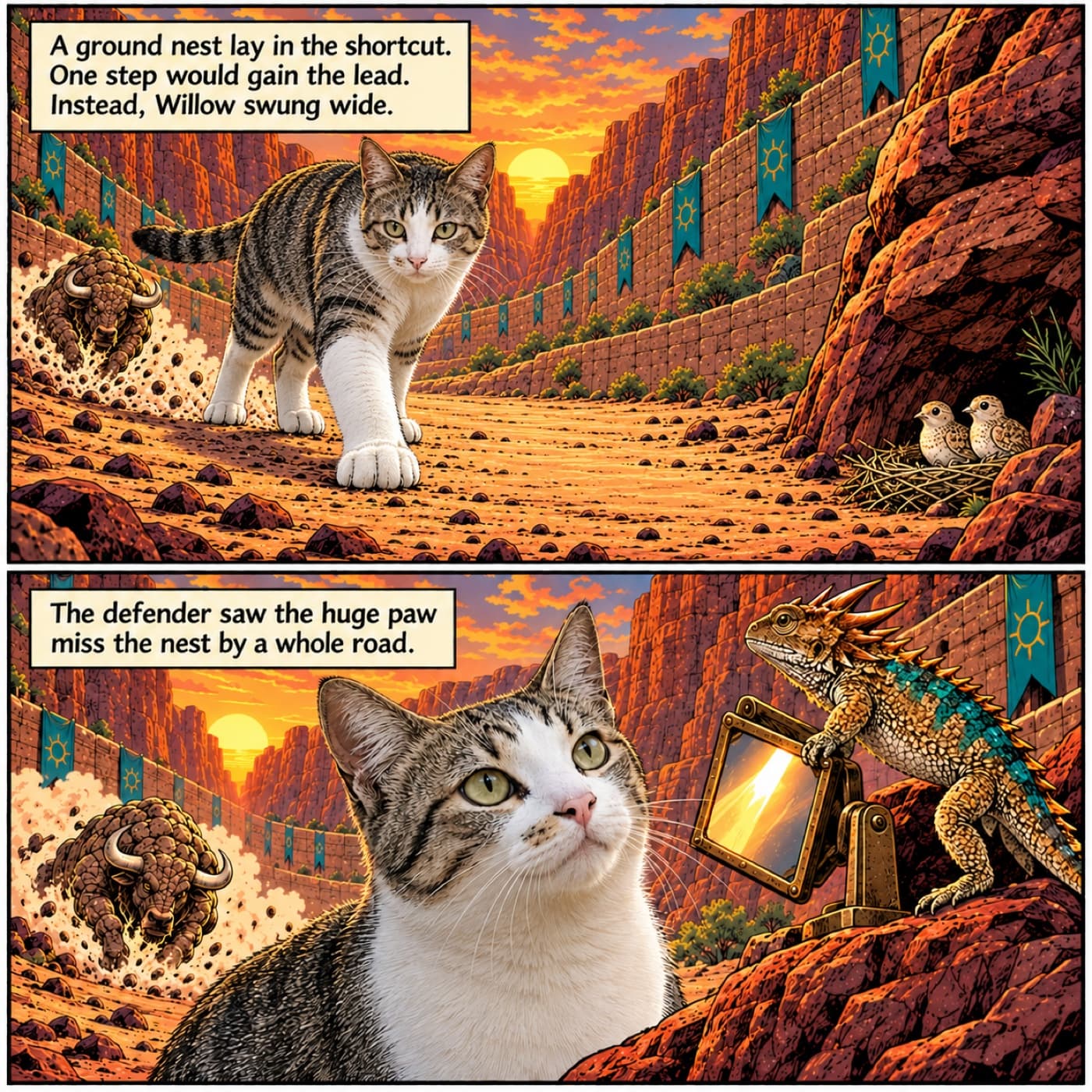 Two-panel canyon comic: Willow takes the left side of a broad road, leaving a wide empty gap to two birds in a sheltered nest, then looks up as the lizard defender lowers its mirror.