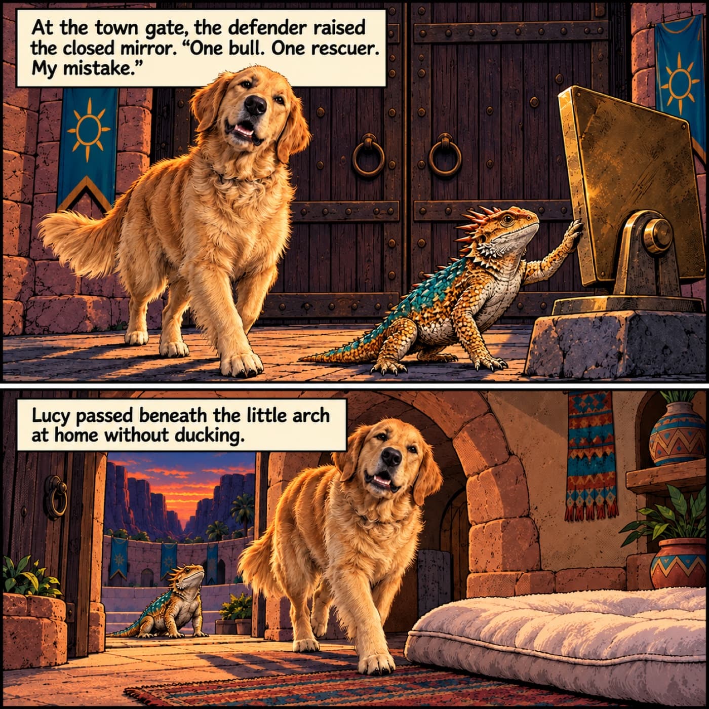 Two-panel canyon homecoming: ordinary-sized Lucy stands with the lizard defender and its closed mirror at a shut town gate, then walks beneath her home arch toward a cream cushion in the afterglow.