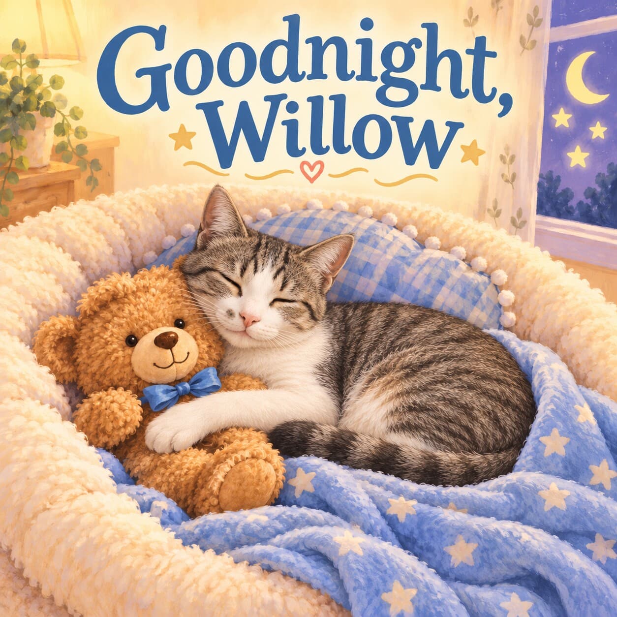 Front cover of Goodnight, Willow: Willow, a grey-brown tabby cat with a white muzzle, chest and paws, sleeps curled beside a brown teddy with a blue bow in pale-blue bedding beneath large blue title lettering.