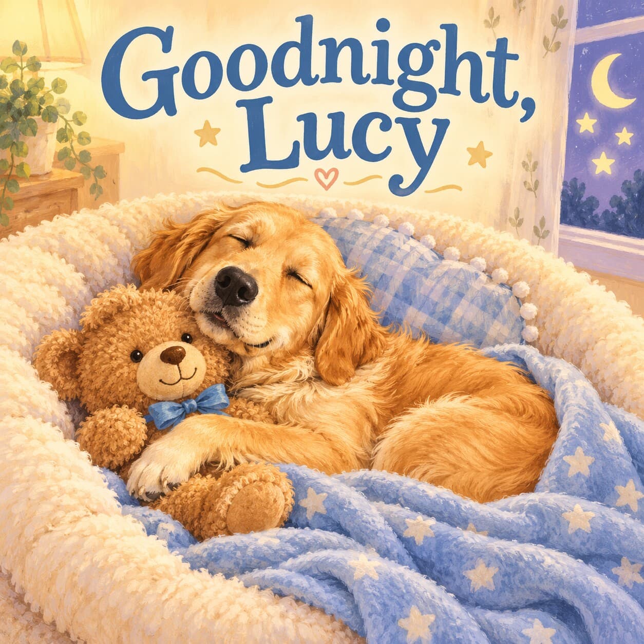 Front cover of Goodnight, Lucy: Lucy, a golden retriever, sleeps curled in a plush cream bed beneath large blue title lettering, her cheek and front paw cuddled against a brown teddy with a blue bow in a warm moonlit bedroom.