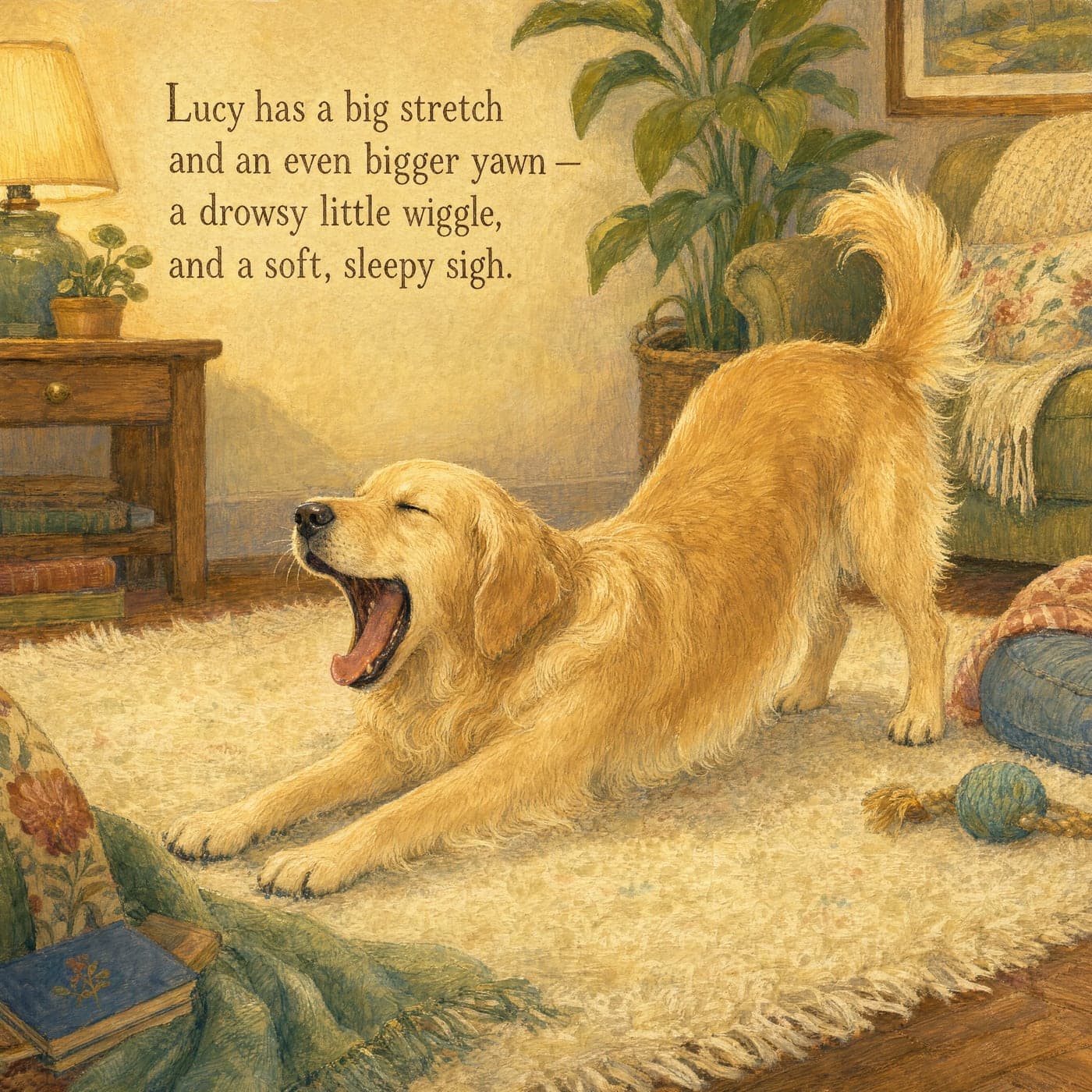 A page from the bedtime story: a golden retriever mid-stretch with an enormous sleepy yawn, on a rug in a warm lamplit room.