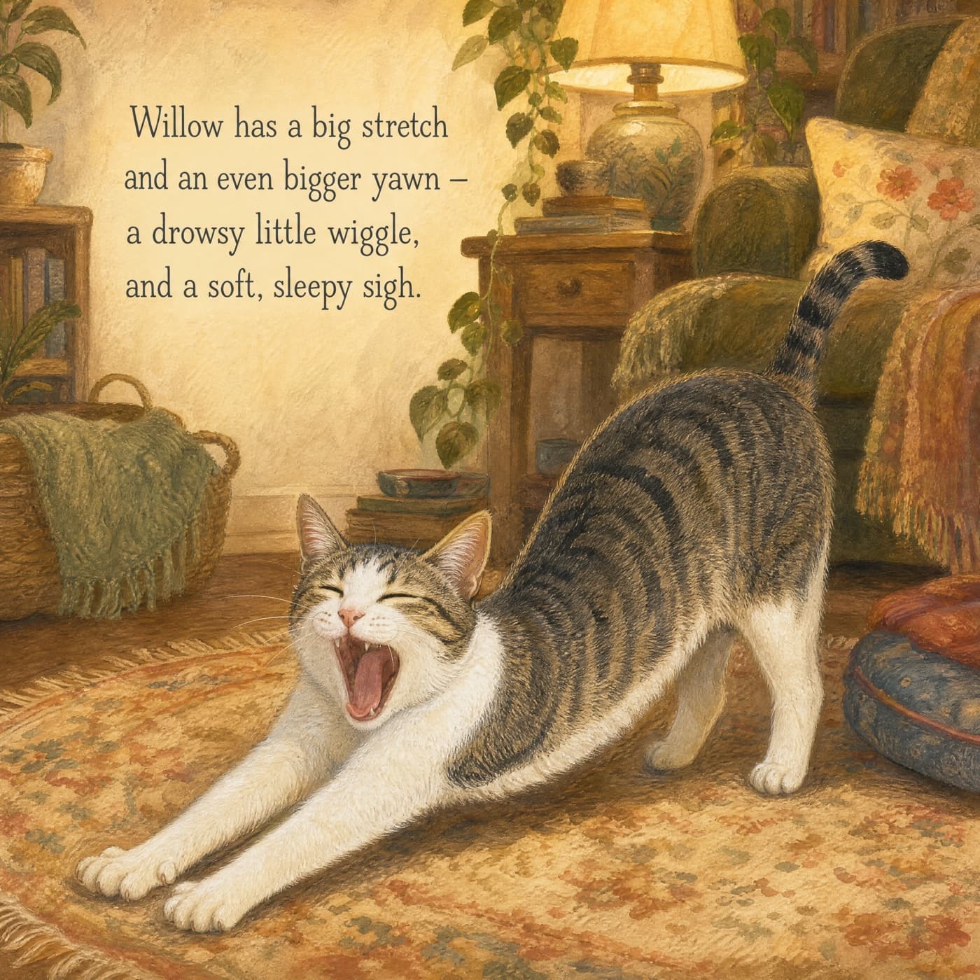 The same bedtime story moment starring a tabby cat instead, stretching and yawning on a rug in a warm lamplit room.
