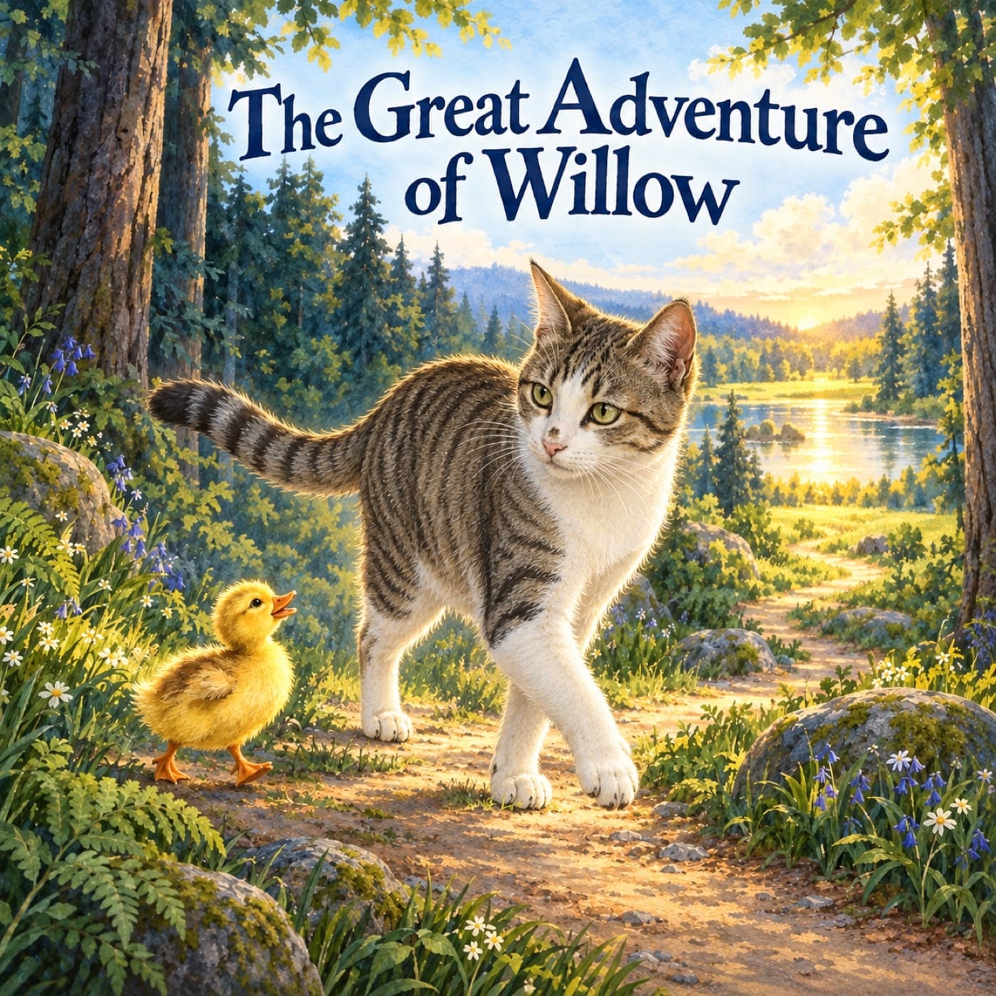 Front cover of The Great Adventure of Willow: Willow, a tabby-and-white cat, steps along the same woodland path toward a golden pond, turning back toward the yellow duckling following close behind.