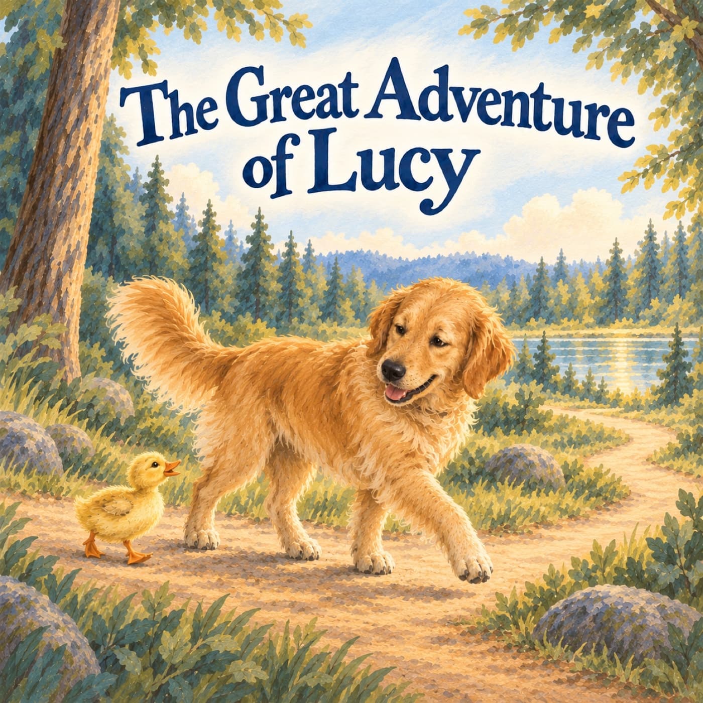 Front cover of The Great Adventure of Lucy: Lucy, a golden retriever, walks along a winding path out of tall blue-green woods toward a golden pond, glancing back at a yellow duckling following close behind.