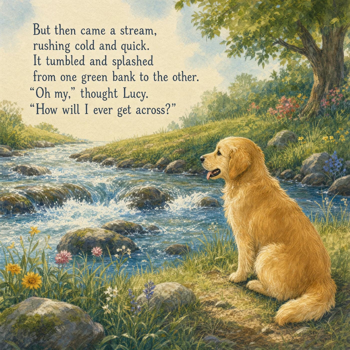A page from the story, starring a golden retriever: she sits at the edge of a rushing stream, wondering how to cross.