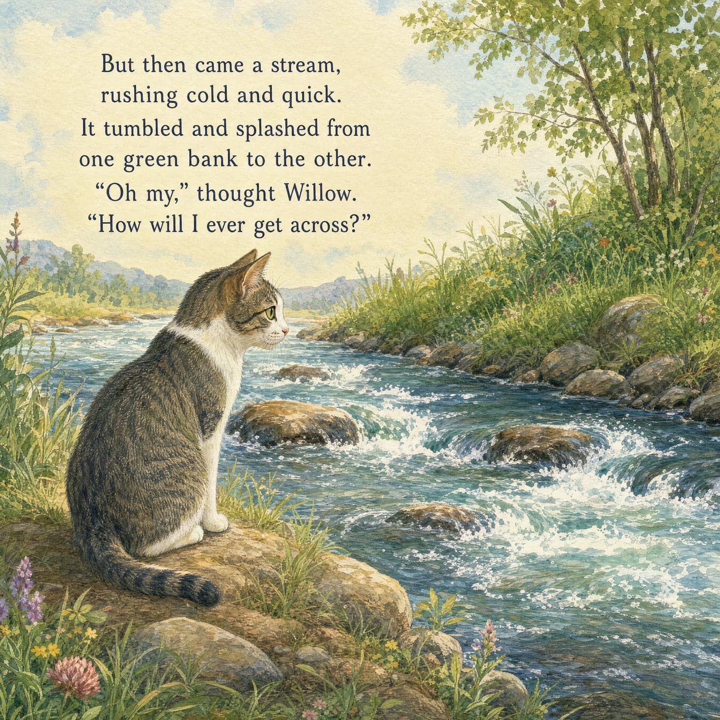 The very same page starring a tabby cat instead, in the same painted stream and the same wildflowers.
