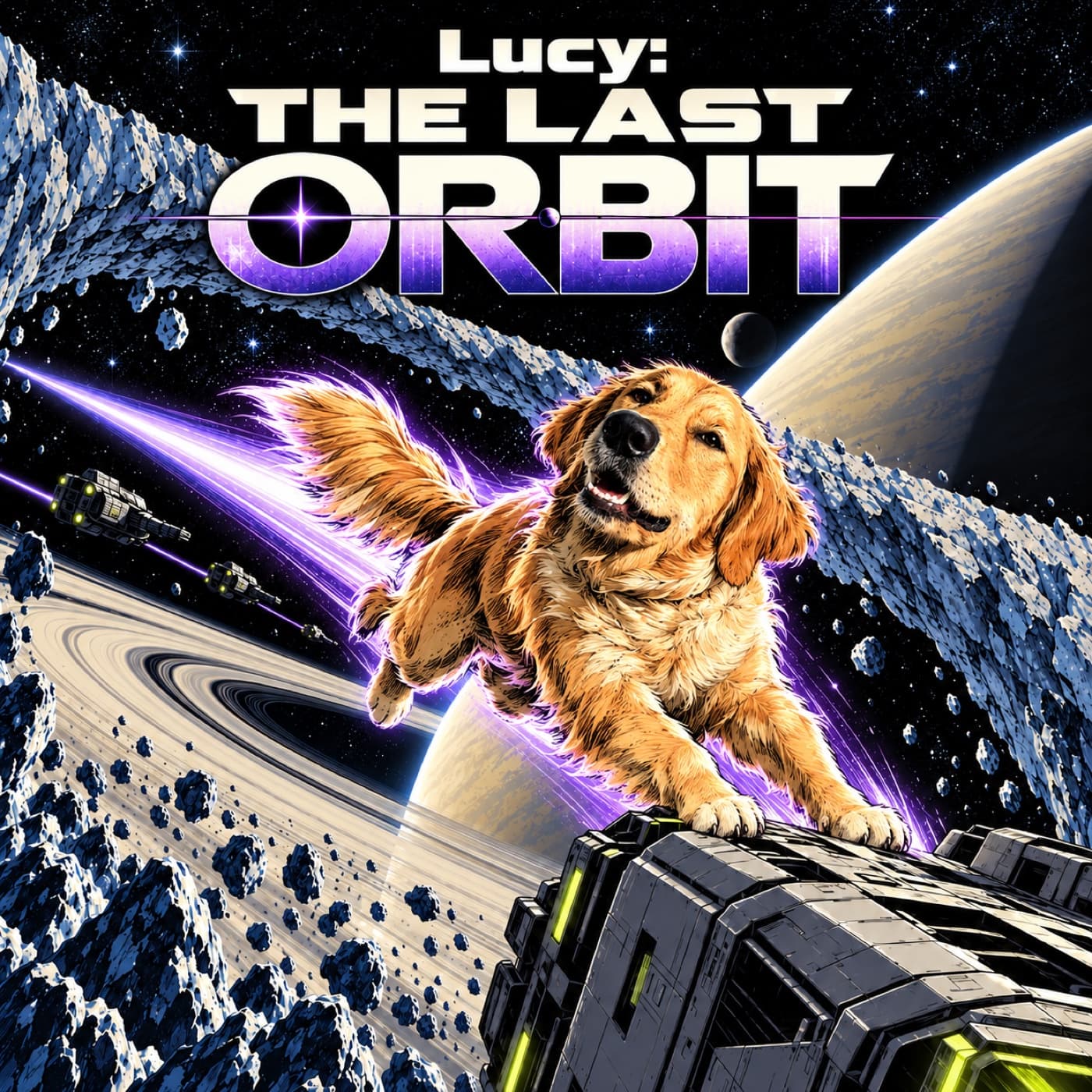 Example cover with our sample dog Lucy, a golden retriever, landing with both front paws on a spacecraft hull, violet light streaming behind her amid immense planetary rings.
