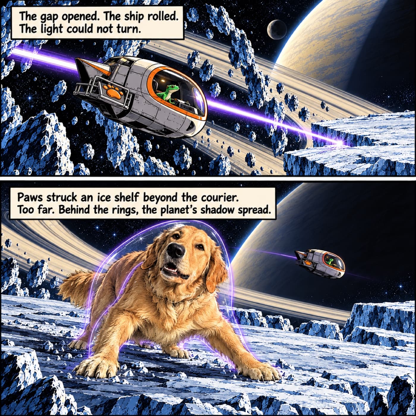 Two-panel space comic: Lucy’s straight light dash misses a gecko-piloted courier, then the golden dog braces on a broad ice shelf as the ship drifts away.