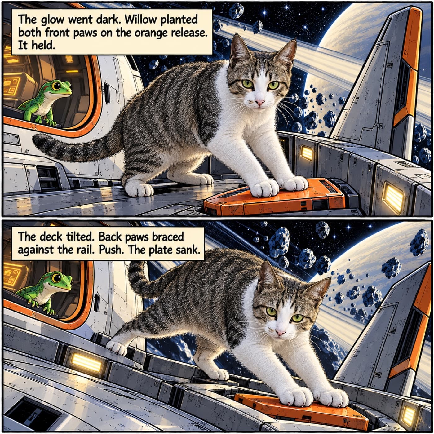 Two-panel space comic: Willow, a tabby-and-white cat, presses the courier’s orange release with both forepaws, then braces her hind paws against the low rail to drive the plate down.