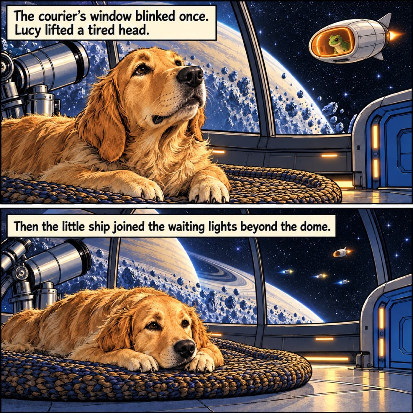 Two-panel homecoming comic: Lucy rests on the woven mat beneath an observatory telescope, raises her head to the gecko courier’s warm window blink, then lowers her head as that ship joins three distant lights.
