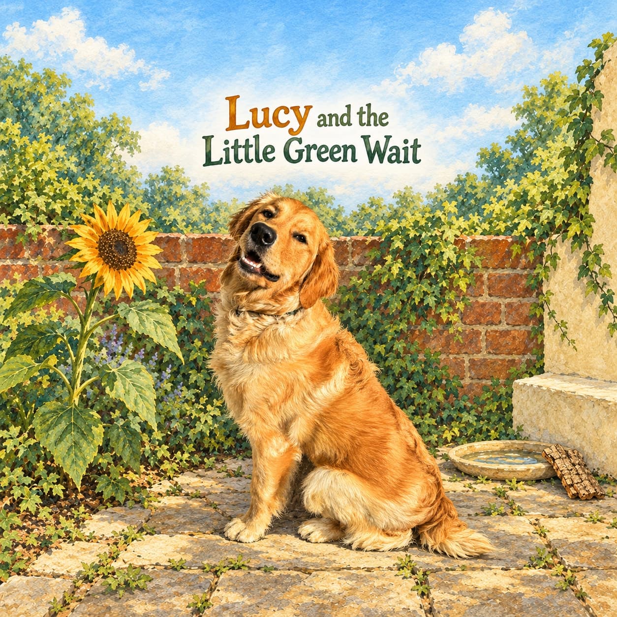 Lucy, a golden retriever, faces the reader beside a rooted yellow sunflower, a cream back step and a shallow saucer with a flat piece of cork bark.