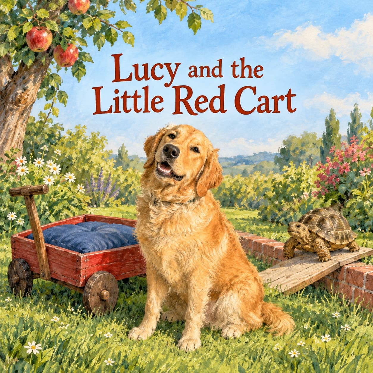 Front cover of Lucy and the Little Red Cart: golden retriever Lucy faces the reader beside a low red cart carrying a blue cushion, with a cream-marked brown-and-olive tortoise at the top of a shallow wooden ramp.