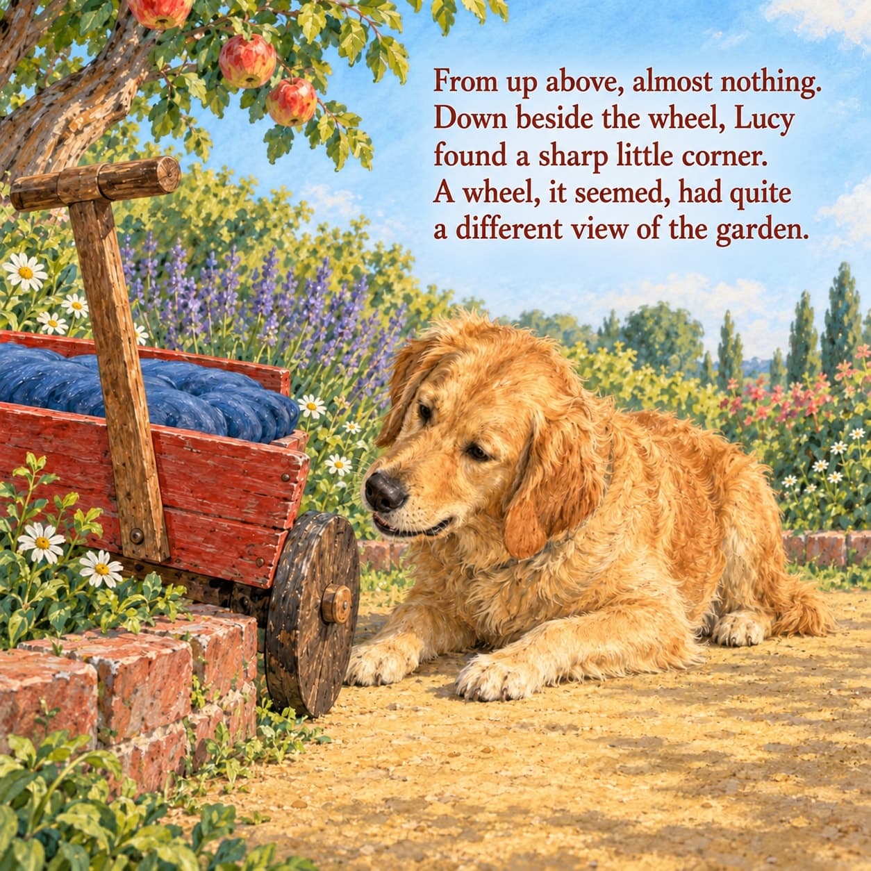 Golden retriever Lucy lies beside a dark wooden cart wheel at a low brick edge, studying the corner at ground level while the blue cushion stays aboard; the story text appears in the sky.