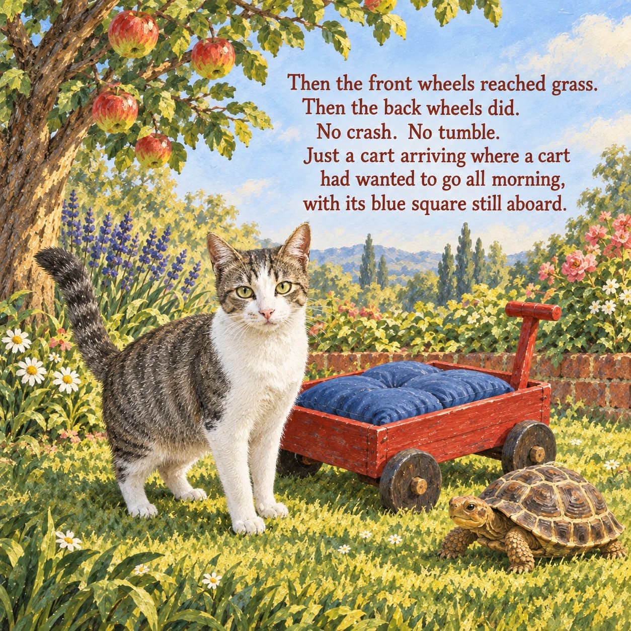 Tabby-and-white Willow stands beside the red cart and its blue cushion on level grass beneath an apple tree, with a tortoise safely beside it and the story text above.
