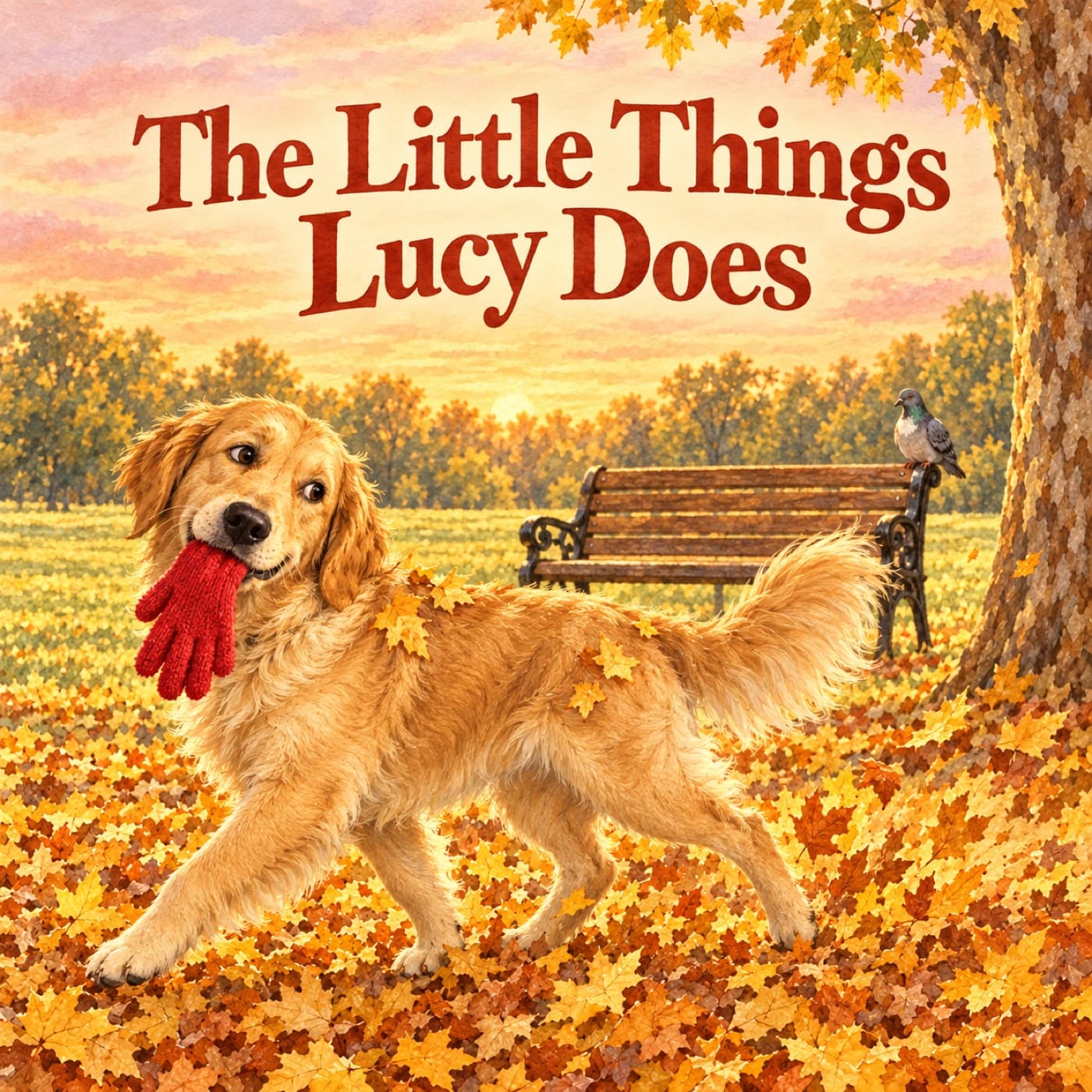 Front cover of The Little Things Lucy Does: Lucy, a golden retriever, walks side-on through golden leaves with a red wool glove held gently in her mouth, looking back toward a park bench and one calm grey pigeon.