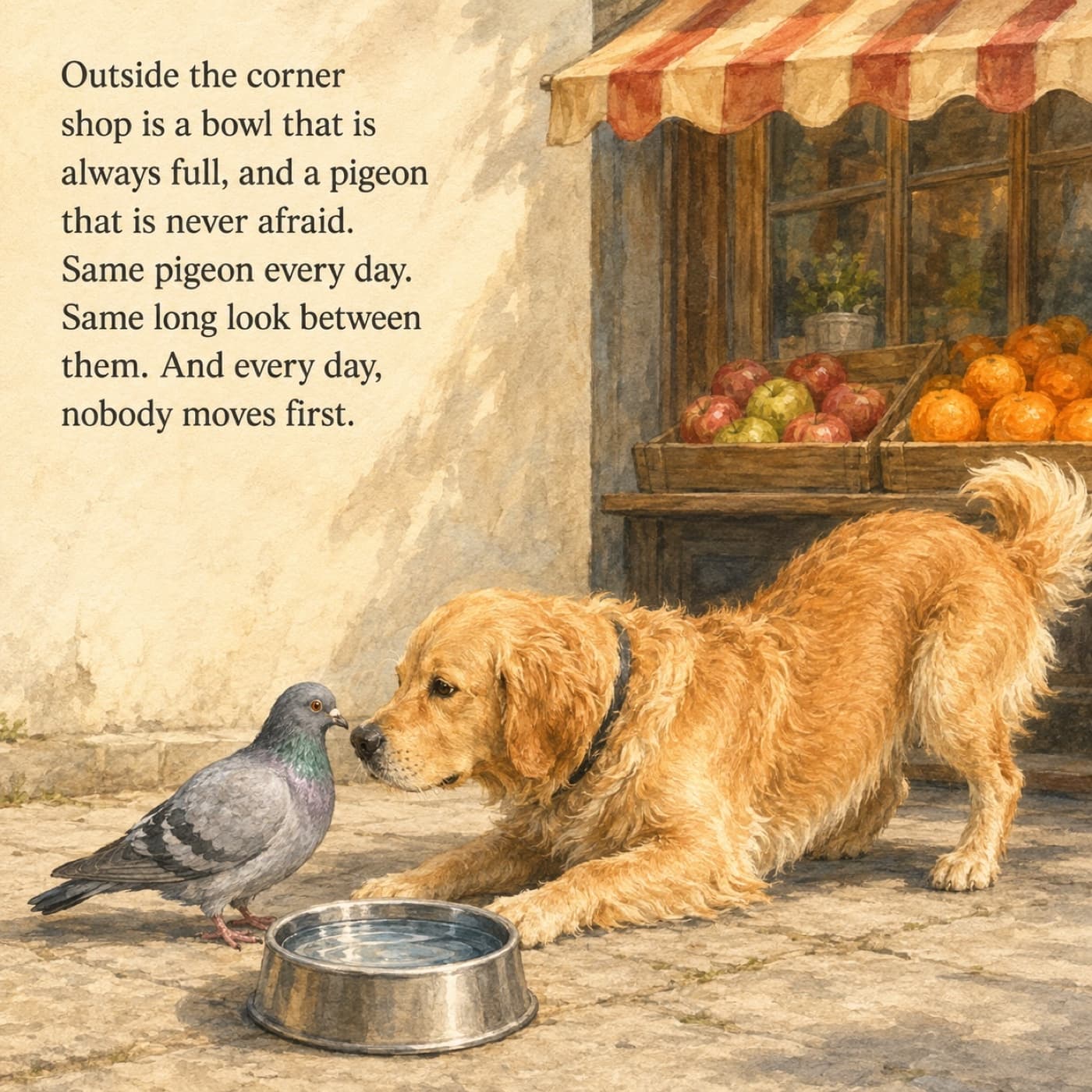 On a sunlit pavement outside the corner shop, the hero pet stands nose to beak with a grey pigeon over a full metal water bowl, crates of fruit and a striped awning behind them.