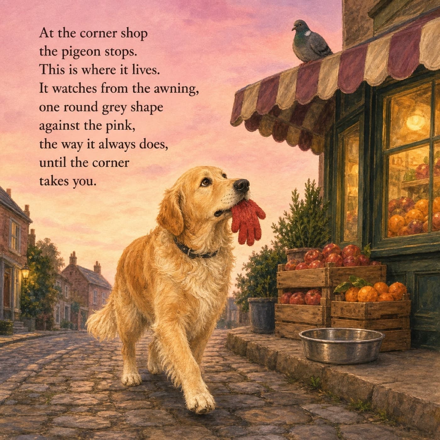 At sunset the hero pet walks home along the cobbles past the corner shop with a small red glove carried gently in its mouth, glancing up at the pigeon watching from the striped awning.