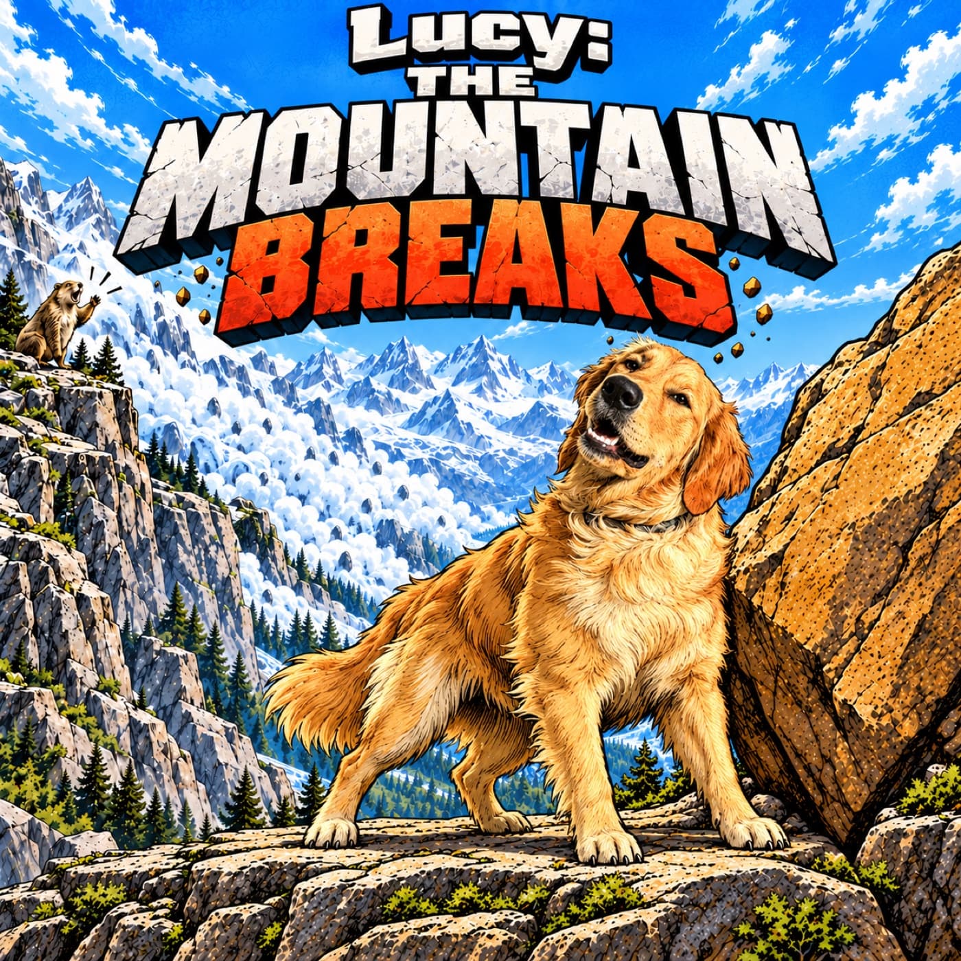 Example cover with our sample dog Lucy, a golden retriever, planting paws on a broad alpine ledge and bracing her shoulder against an ochre boulder, while a marmot signals across the gap and a slide moves in the distant valley.