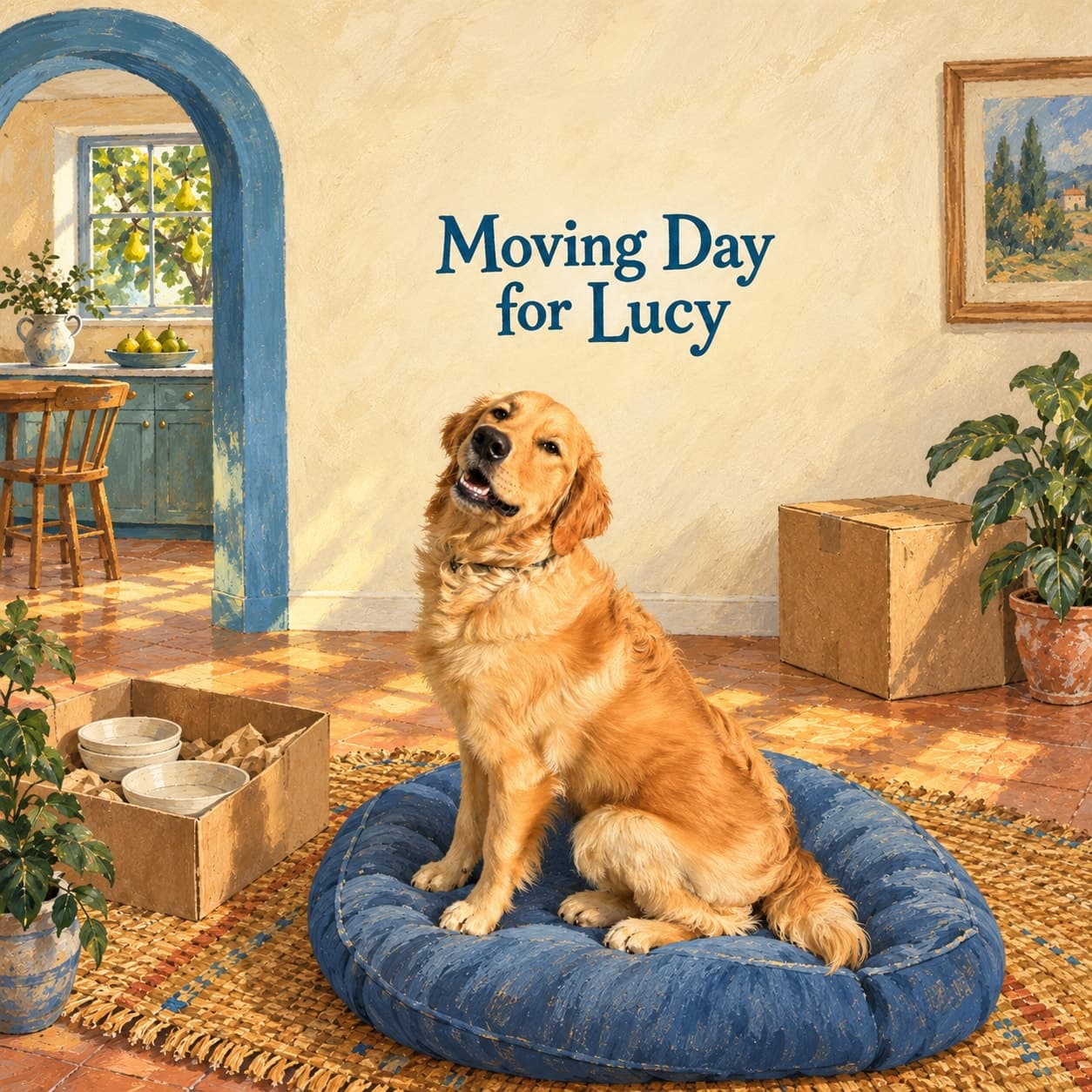 Lucy, a golden retriever, faces the reader from a blue cushion in a cream room with plain moving boxes, an ochre rug and a blue kitchen arch.