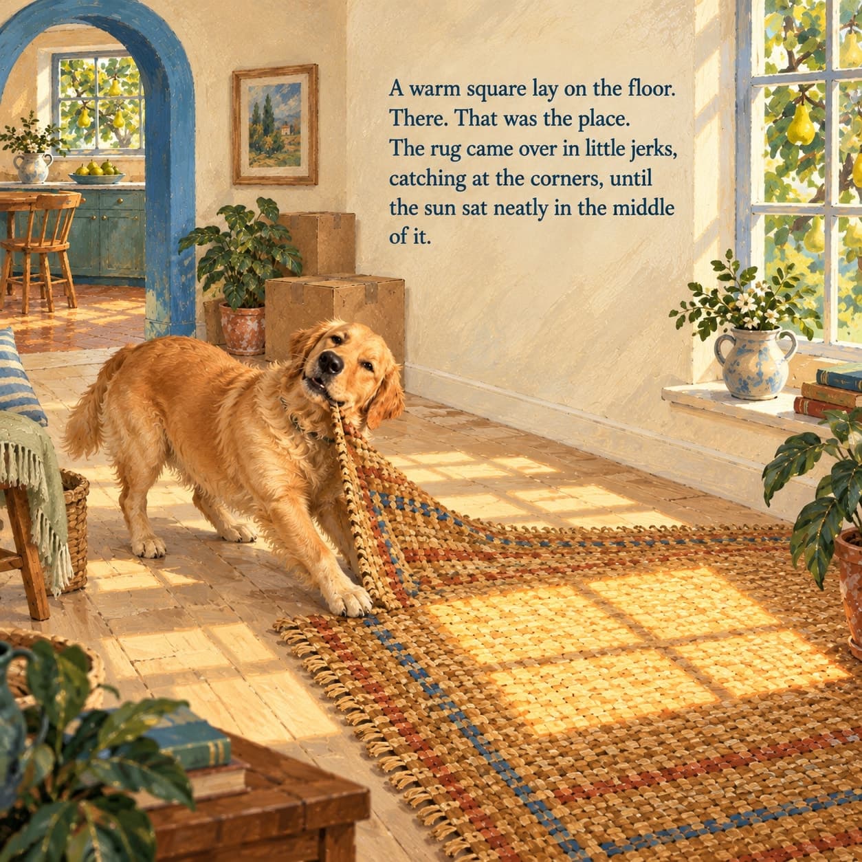 Lucy, a golden retriever, gently pulls the corner of an ochre woven rug into a bright square of sunlight in a room of moving boxes, beneath the story text.