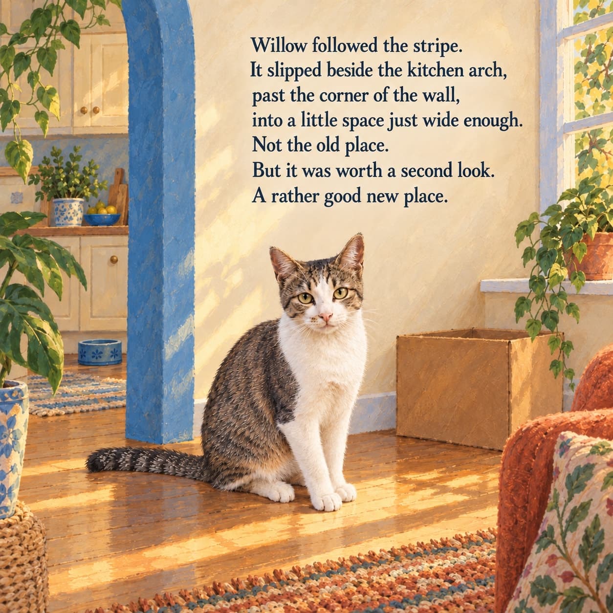 Willow, a grey tabby cat with white paws, pauses in a sunlit nook beside a blue kitchen arch and a plain moving box, beneath the story text.