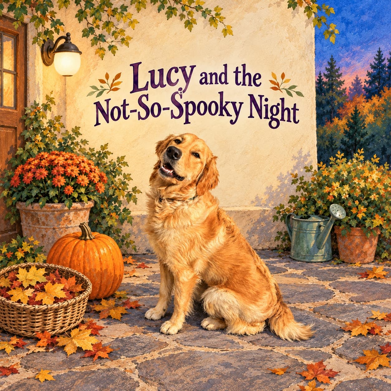 Lucy, a golden retriever, faces the reader beside an uncarved orange pumpkin and a basket of golden leaves in warm porch light, with soft ordinary shadows on a cream wall.