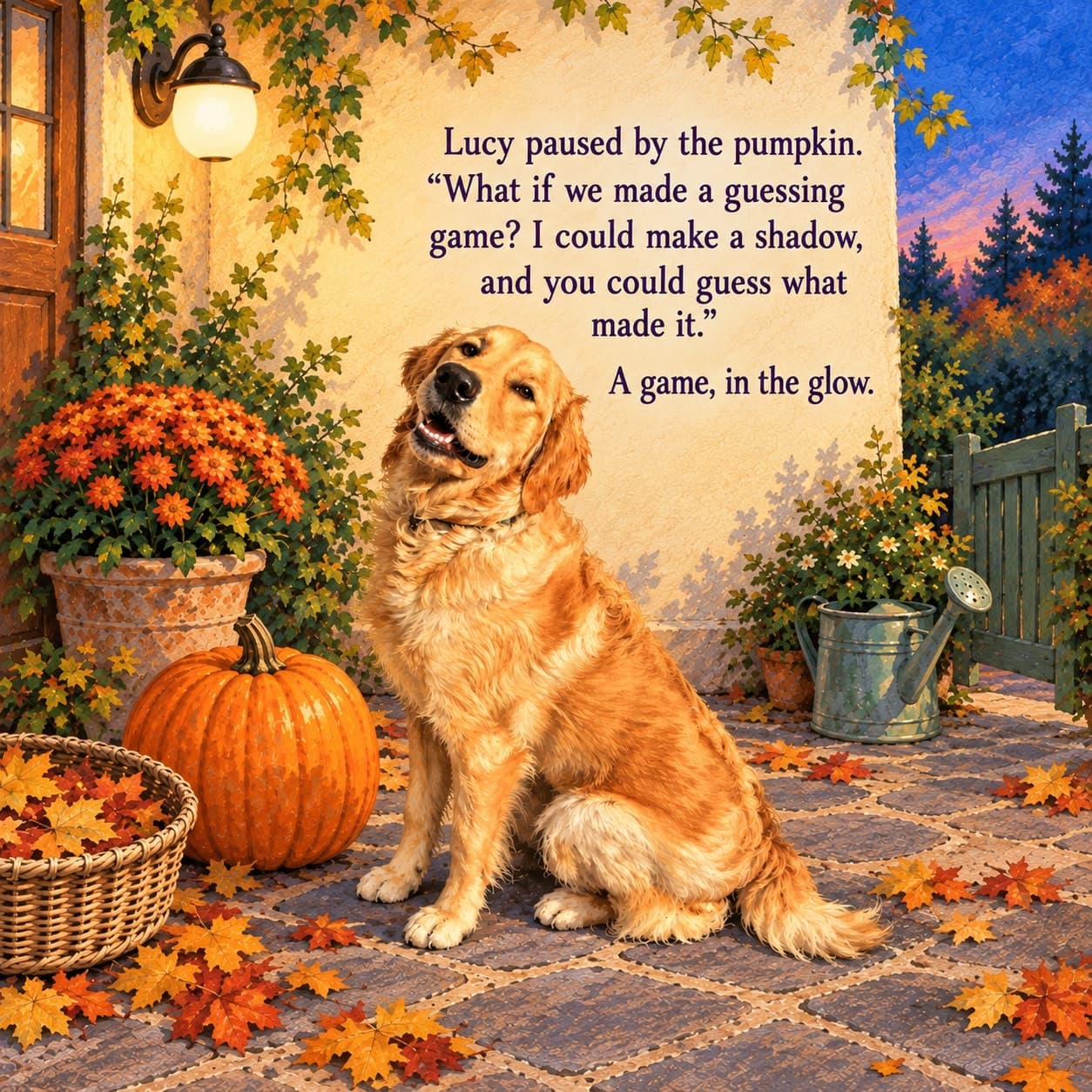 Lucy, a golden retriever, sits awake beside an uncarved orange pumpkin, her face warmly lit by an electric porch light against a cream wall with the words of her guessing-game idea.