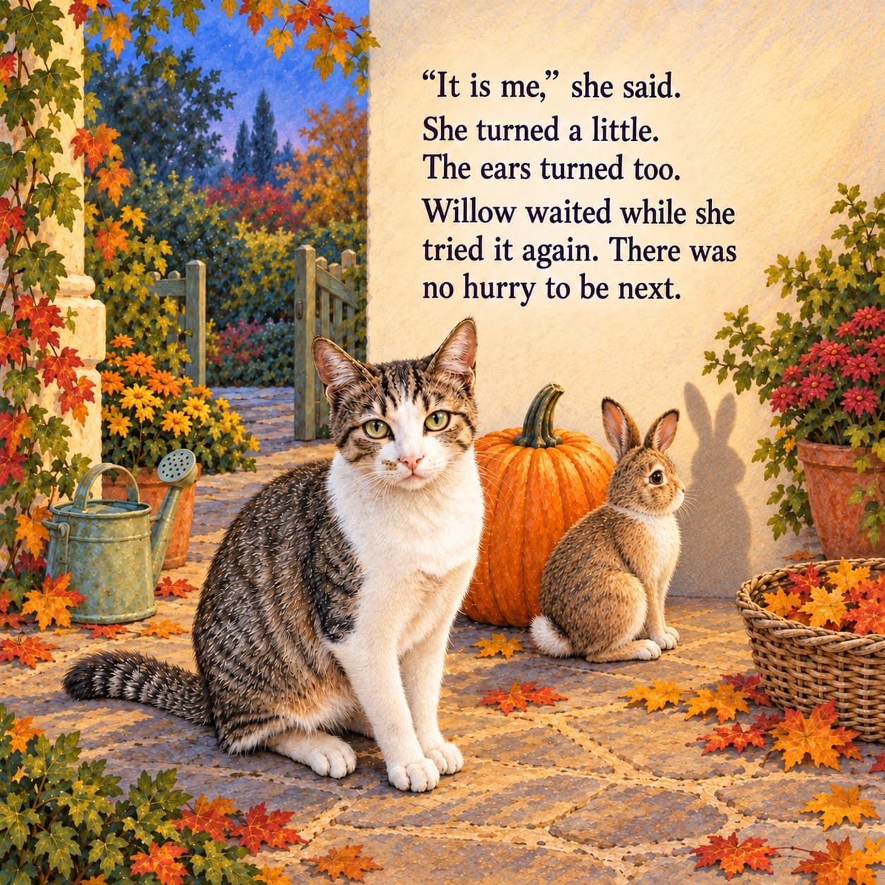 Willow, a grey tabby with white chest and paws, waits beside a pumpkin while a sandy-brown rabbit turns toward her own ordinary rabbit shadow on a warmly lit cream wall.