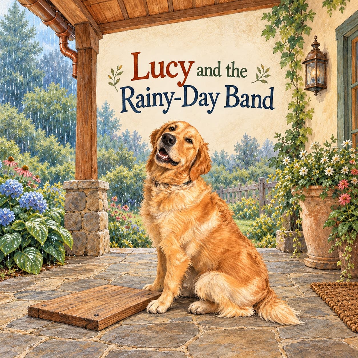 Lucy, a golden retriever, faces the reader beside a low wooden tapping board on a copper-roofed porch, with gentle rain over the green garden behind her.