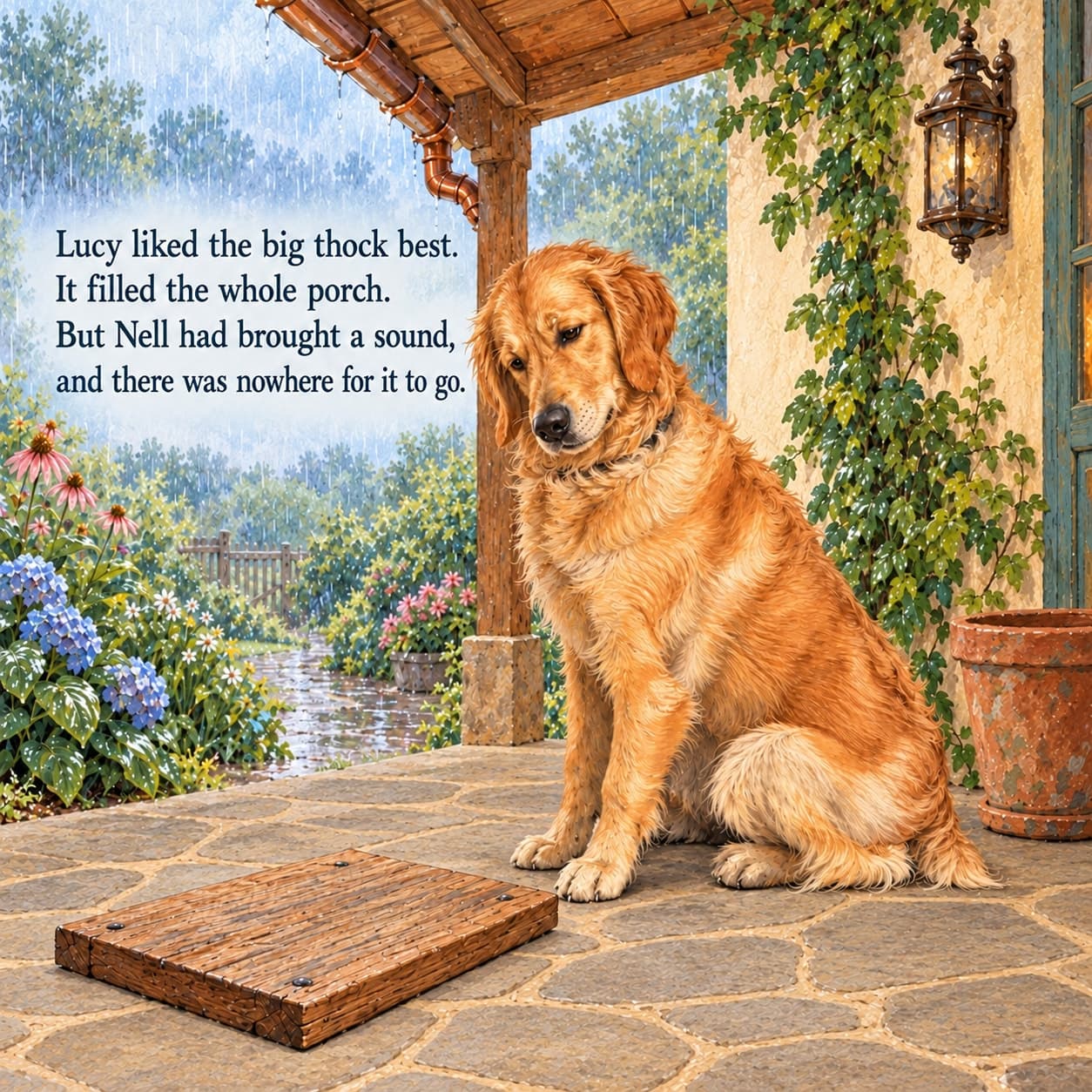 Lucy, a golden retriever, looks thoughtfully down at an untouched wooden board on a dry copper-roofed porch while rain falls in the garden beyond.