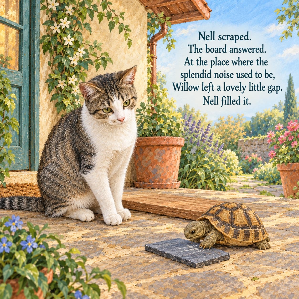 Willow, a grey tabby with white chest and paws, waits beside an untouched wooden board while a small olive-brown tortoise plays her slate in clearing afternoon light.