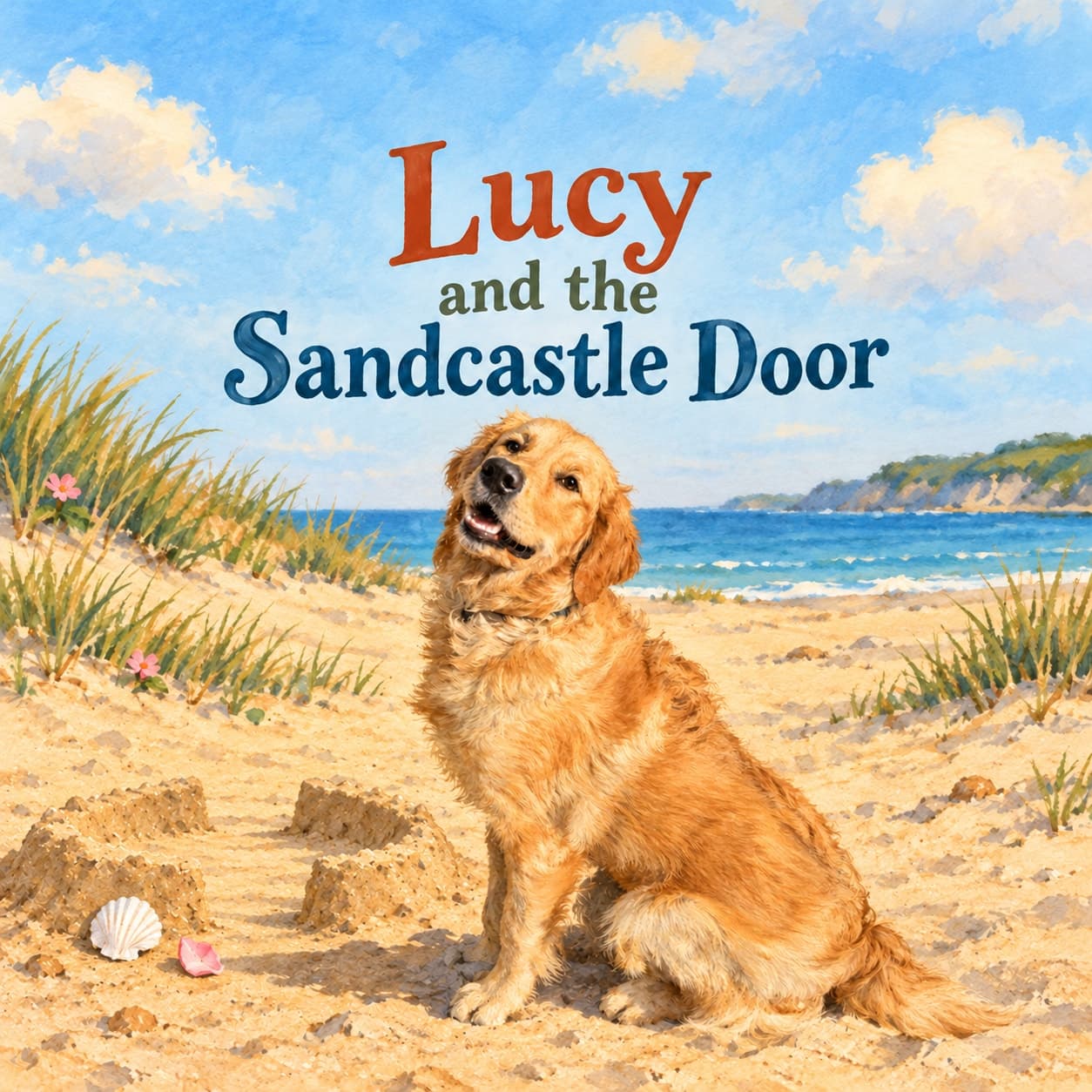 Lucy, a golden retriever, faces the reader beside a low sandcastle with broad open doorways, a white shell and a pink petal on a dry beach below grassy dunes.