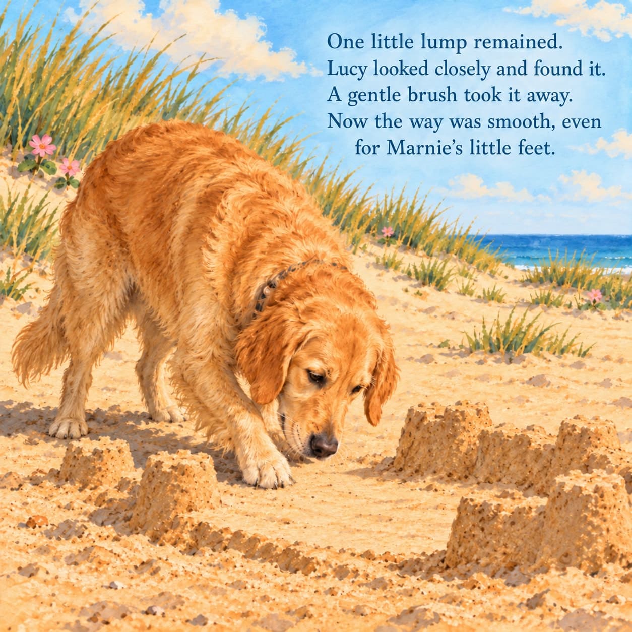Lucy, a golden retriever, lowers her face and a forepaw toward a newly smoothed sandcastle entrance, inspecting the flat sandy approach at ground level.