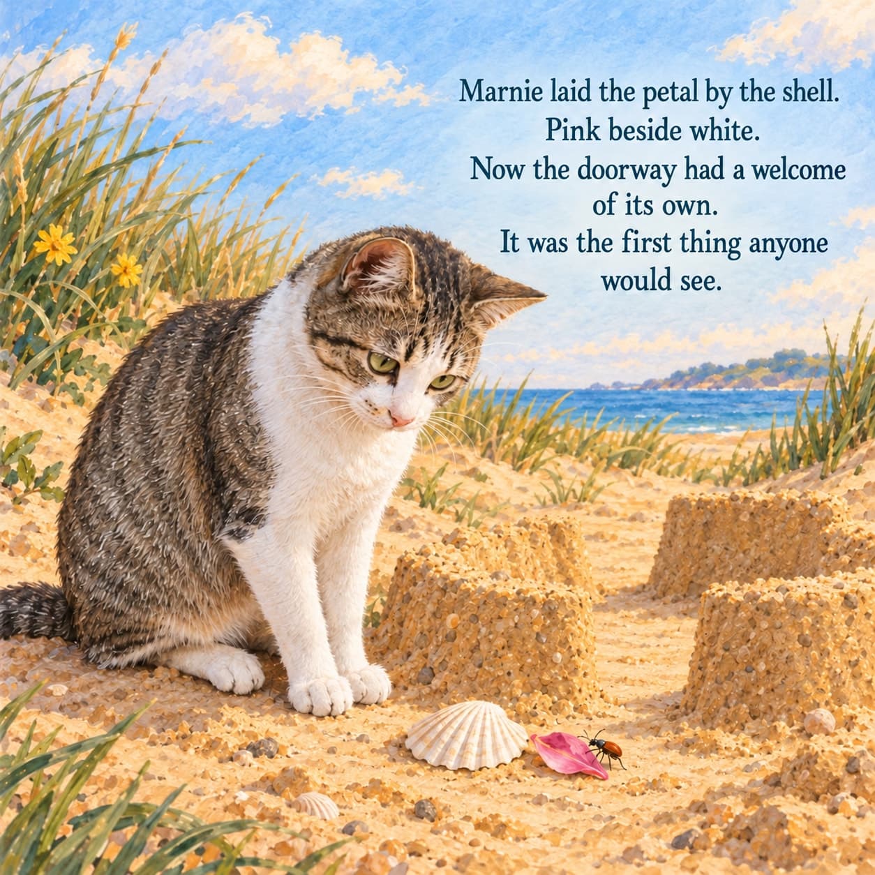 Willow, a grey tabby with white chest and paws, watches a tiny rust-red beetle place a pink petal beside the white shell marking a low sandcastle entrance.