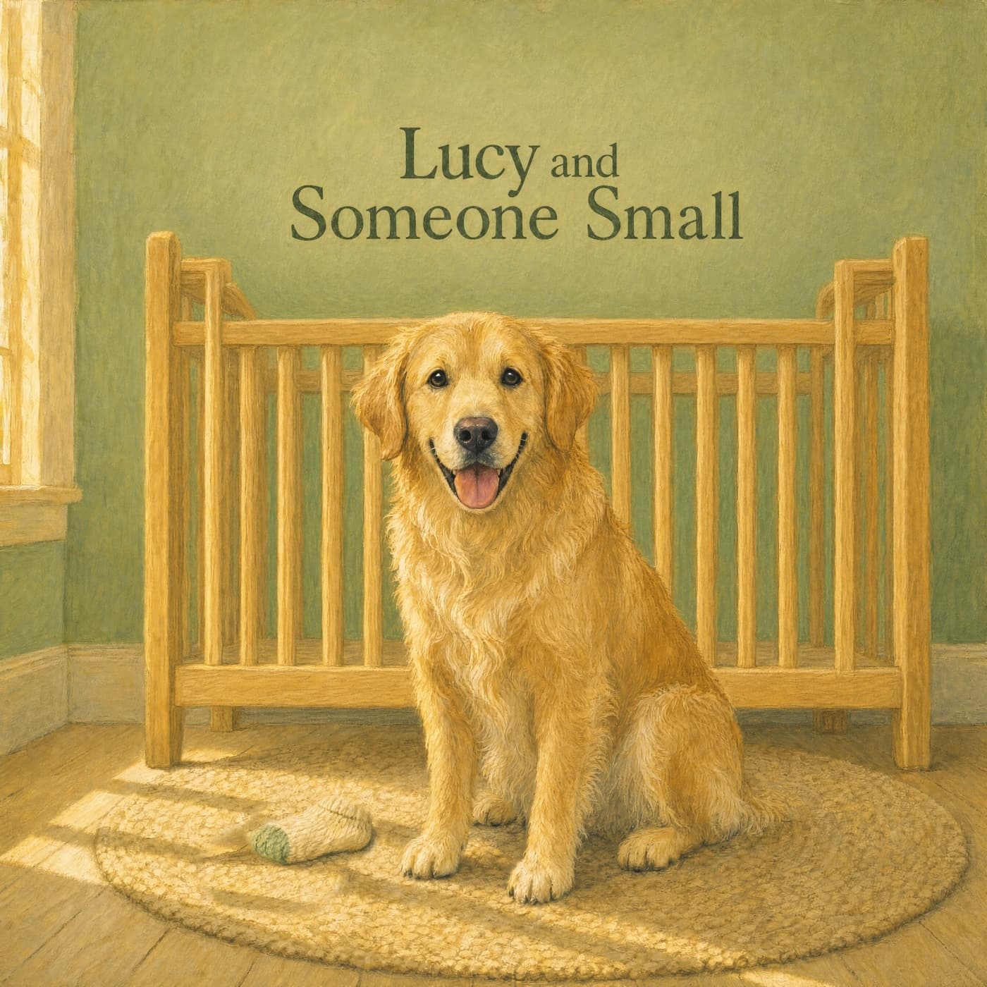 Front cover of Lucy and Someone Small: Lucy, an adult golden retriever, sits alert on a round oatmeal rug at the foot of a tall honey-wood crib in a sage-green nursery, facing the reader, a tiny knitted sock beside one paw, in late golden light.
