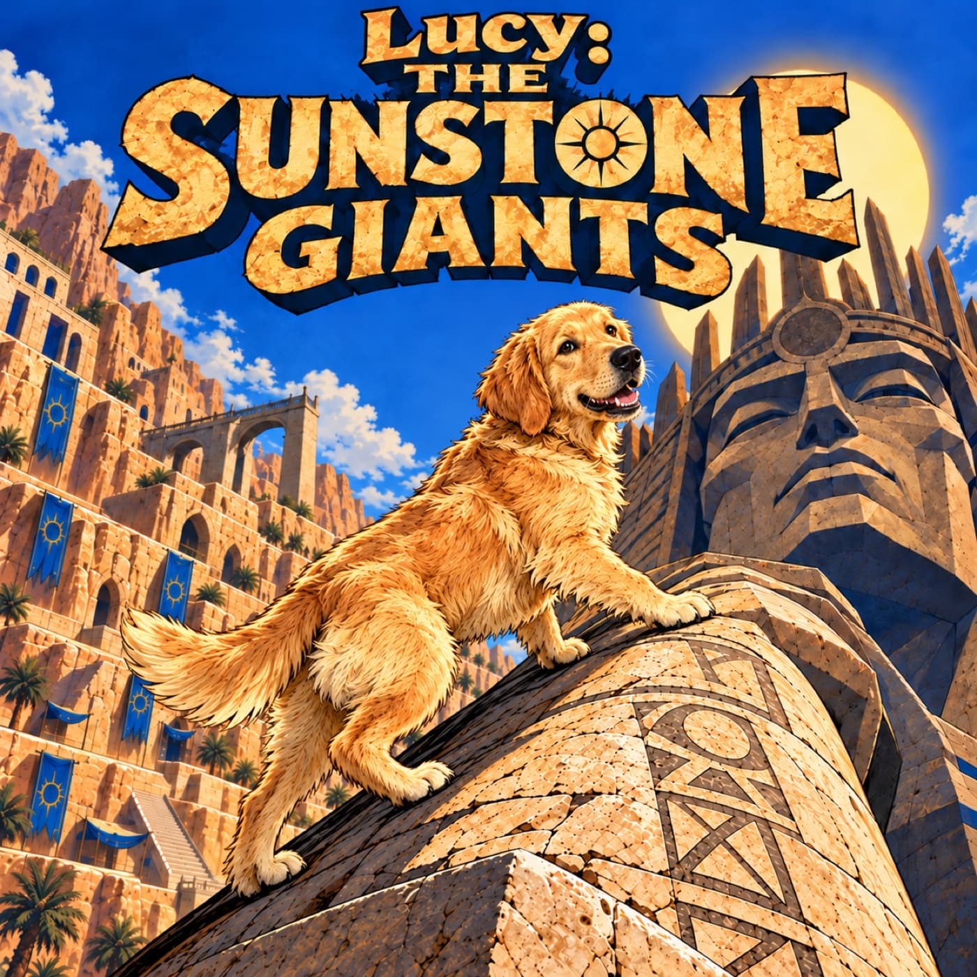 Example cover with our sample dog Lucy, a golden retriever, climbing an immense stone guardian’s sloping forearm, with paws stepping uphill above ochre terraces beneath a crowned giant face.