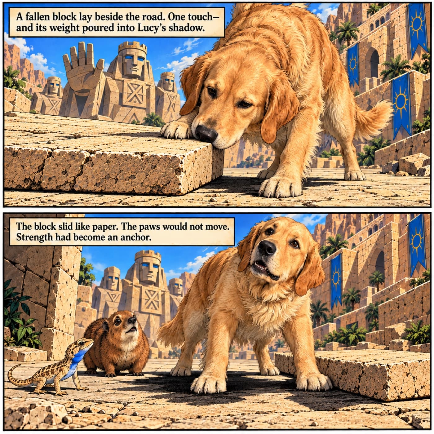 Two-panel comic example with Lucy, a golden retriever, nudging a low limestone slab and then bracing beside it with a dark shadow, watched by a blue-throated gecko and a russet hyrax beneath immense stone guardians.