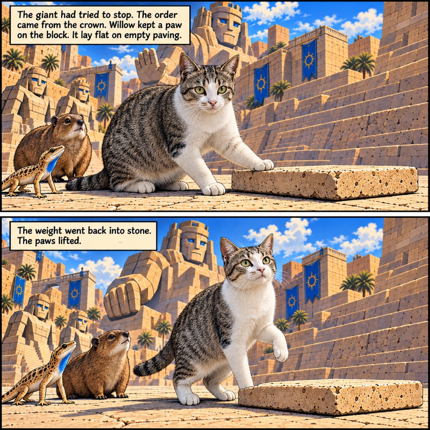 Two-panel comic example with Willow, a white-chested tabby cat, touching a flat stone slab and lifting a front paw afterward, with a gecko, a hyrax and towering limestone guardians in the sunlit city.