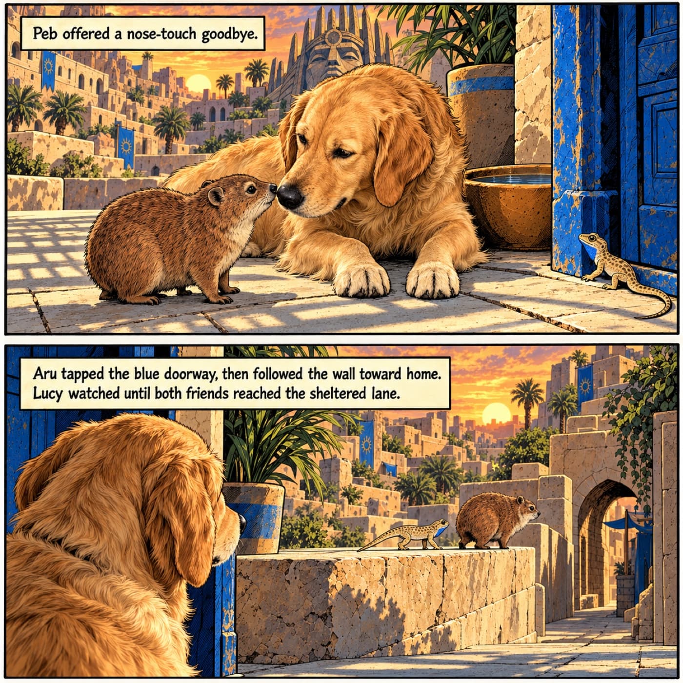 Two-panel comic example with Lucy, a golden retriever, touching noses with a russet hyrax at a blue doorway, then watching the hyrax and a small gecko leave along a sheltered courtyard wall at sunset.