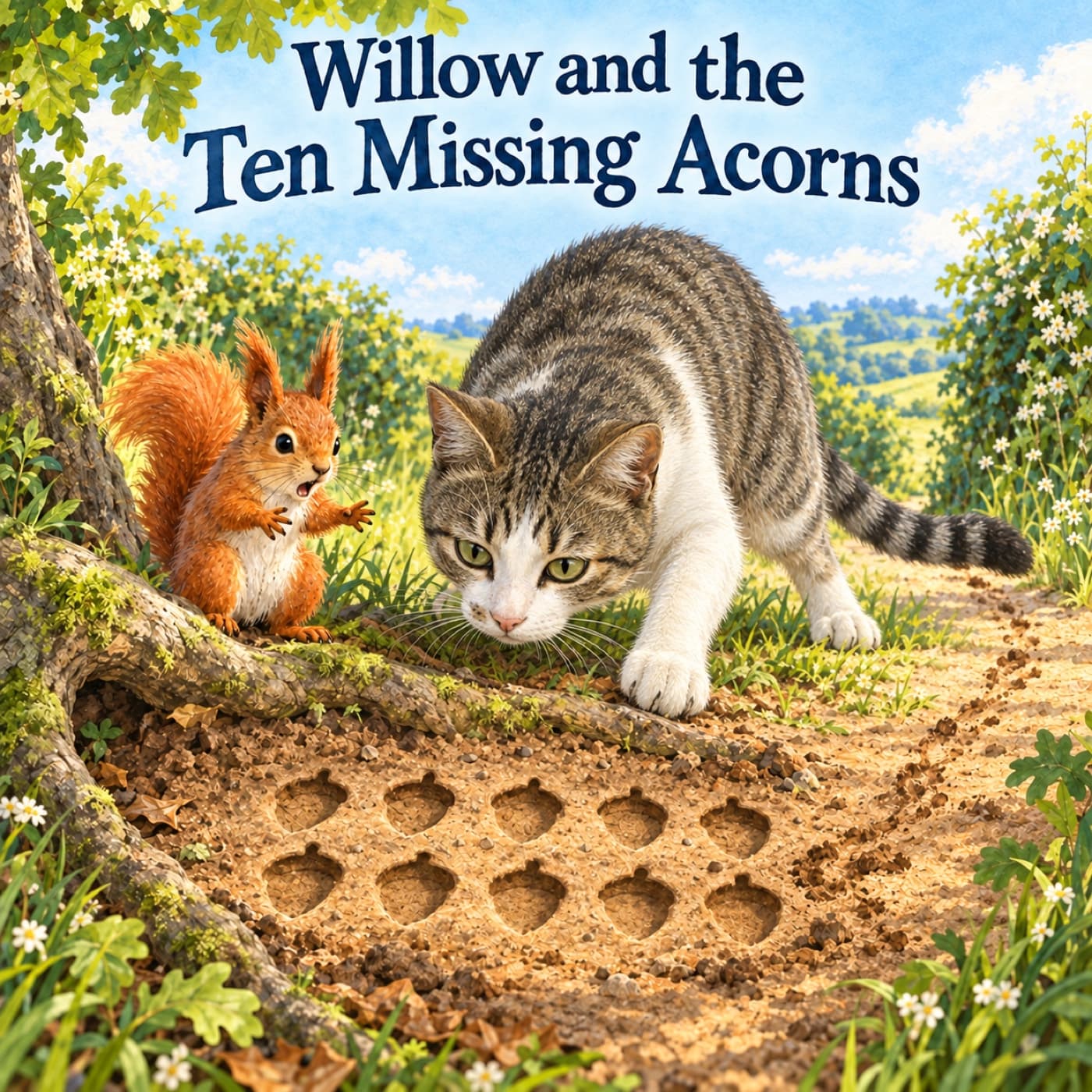 Front cover of Willow and the Ten Missing Acorns: Willow, a tabby-and-white cat, crouches over the same two rows of ten empty impressions while a red squirrel gestures beside the oak root.